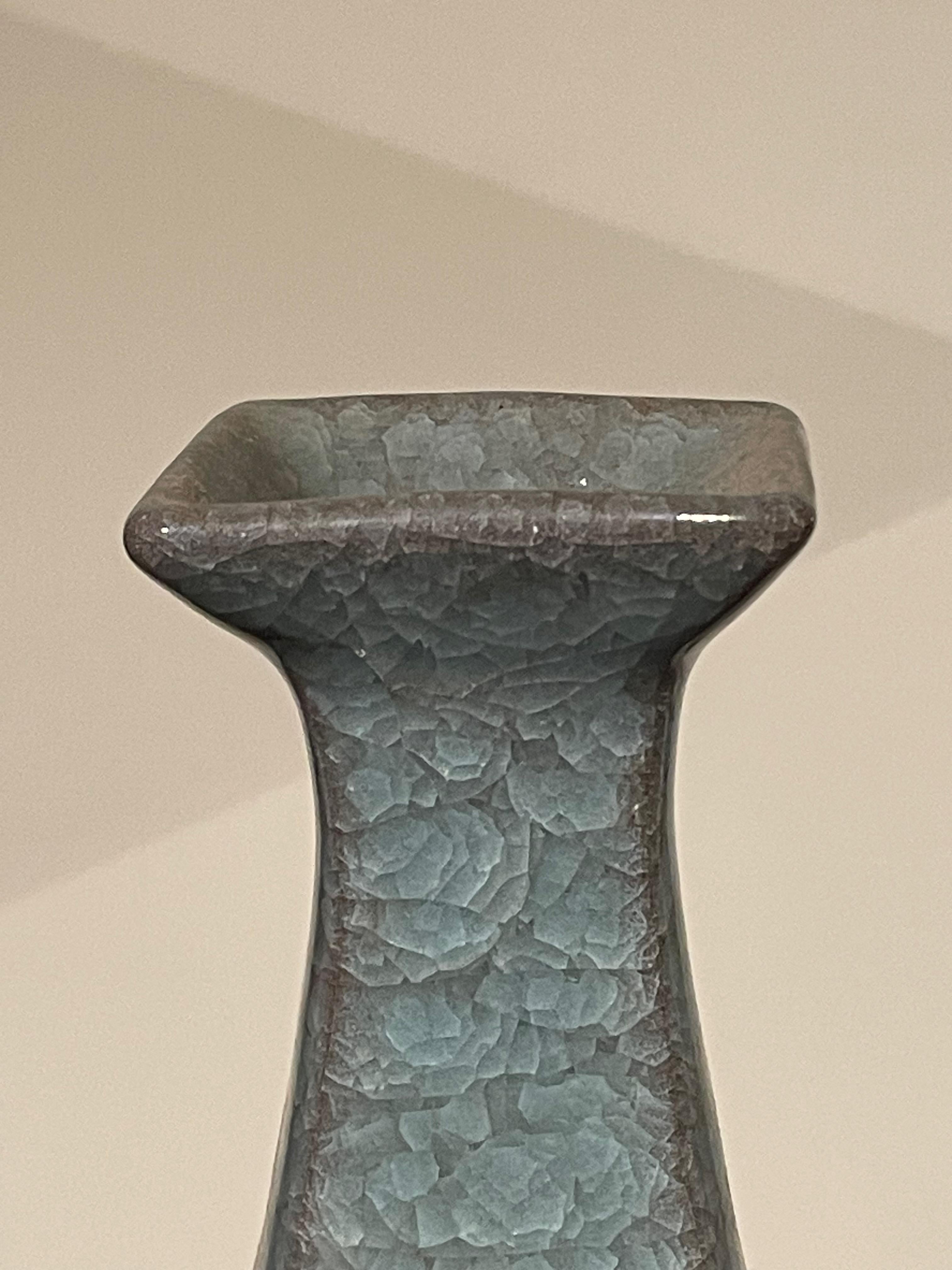 Chinese Blue Crackle Glaze Square Shaped Ceramic Vase, China, Contemporary For Sale