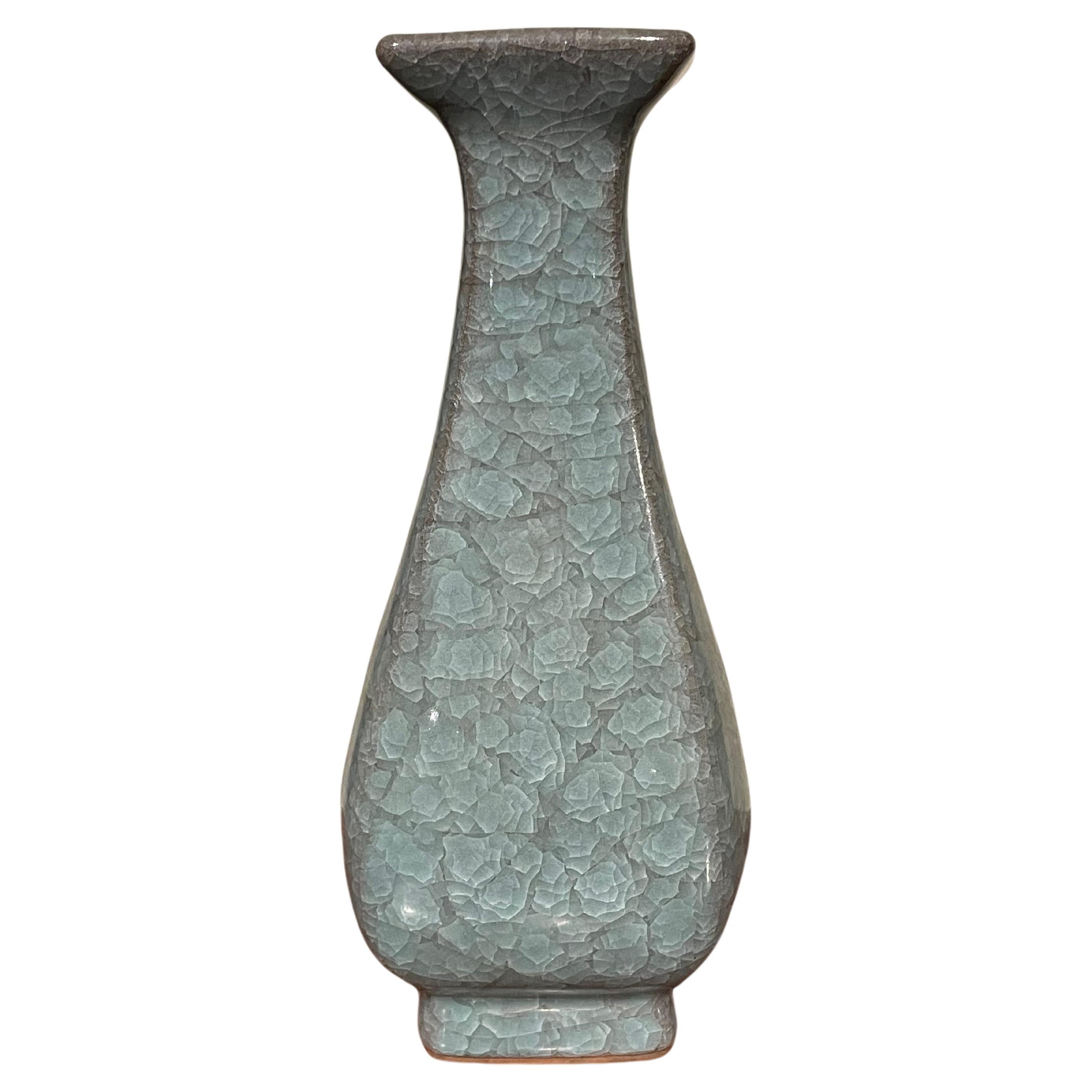 Blue Crackle Glaze Square Shaped Ceramic Vase, China, Contemporary For Sale