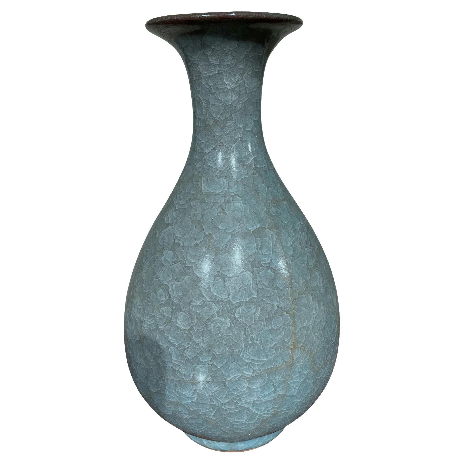 Blue Crackle Glaze Tulip Shaped Ceramic Vase, China, Contemporary For Sale