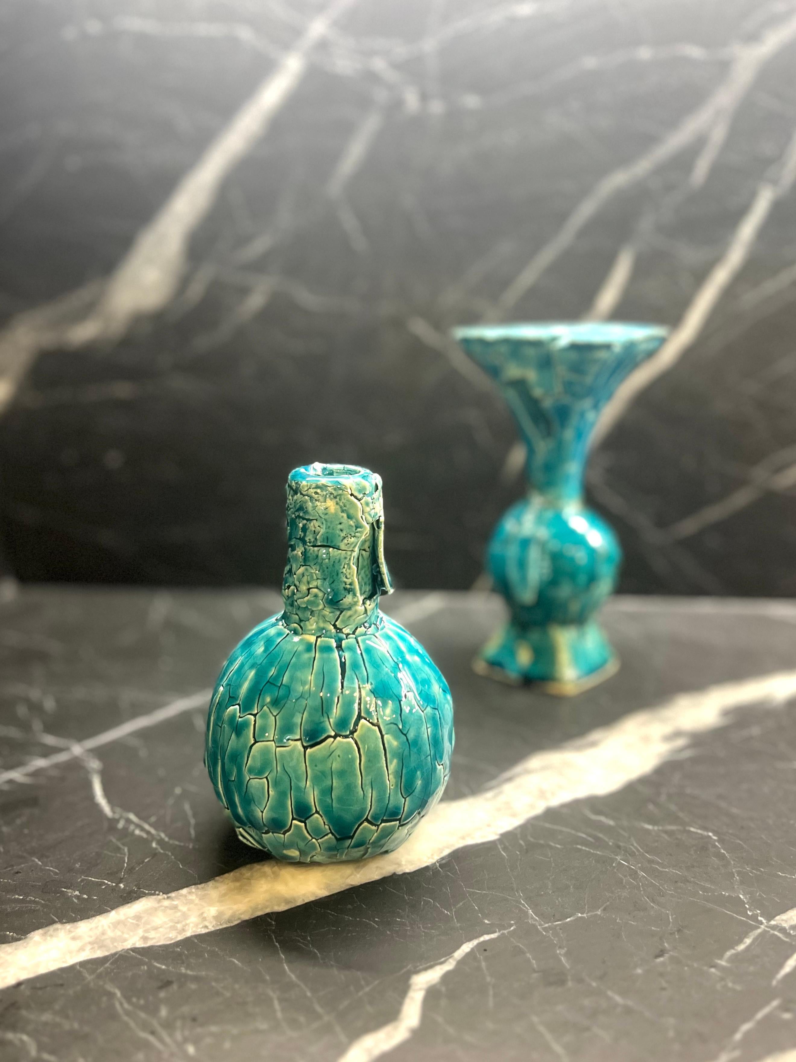 Hand-Crafted Blue Crackle Sphere Vase For Sale