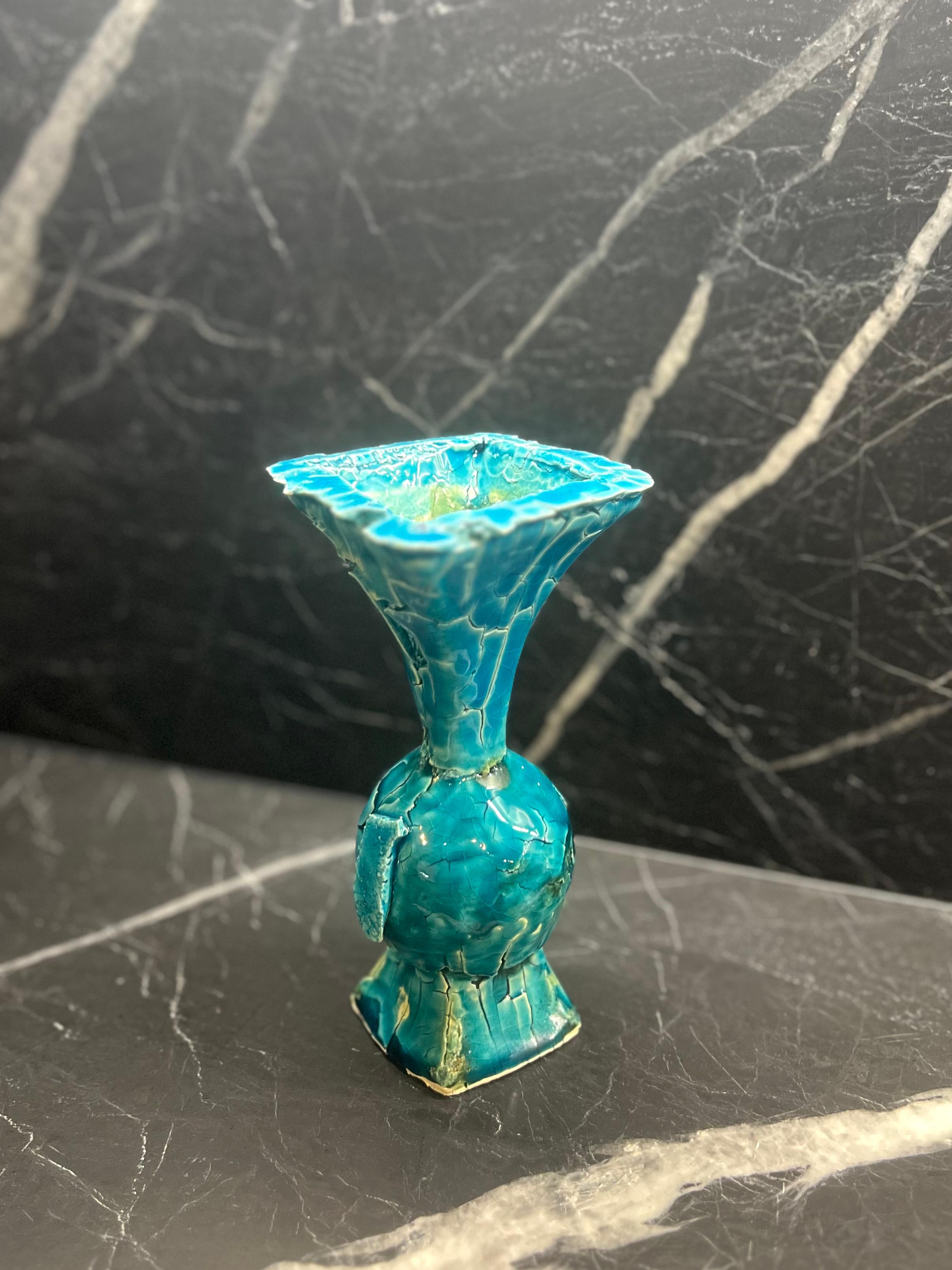 Hand-Crafted Blue Crackle Tall Vase For Sale