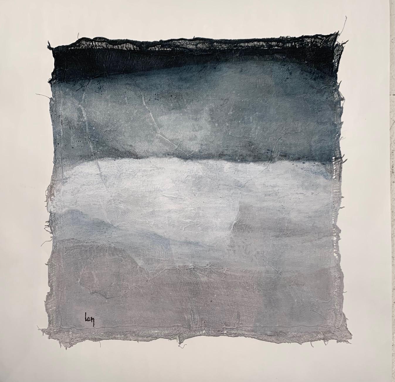 Contemporary Belgian artist Diane Petry creates her own three layer canvas using pima cotton, gauze and fine paper.
Colors are blue, cream and lilac.
Raw edges and applied threads add texture and dimension to the acrylic painting.
All artwork can