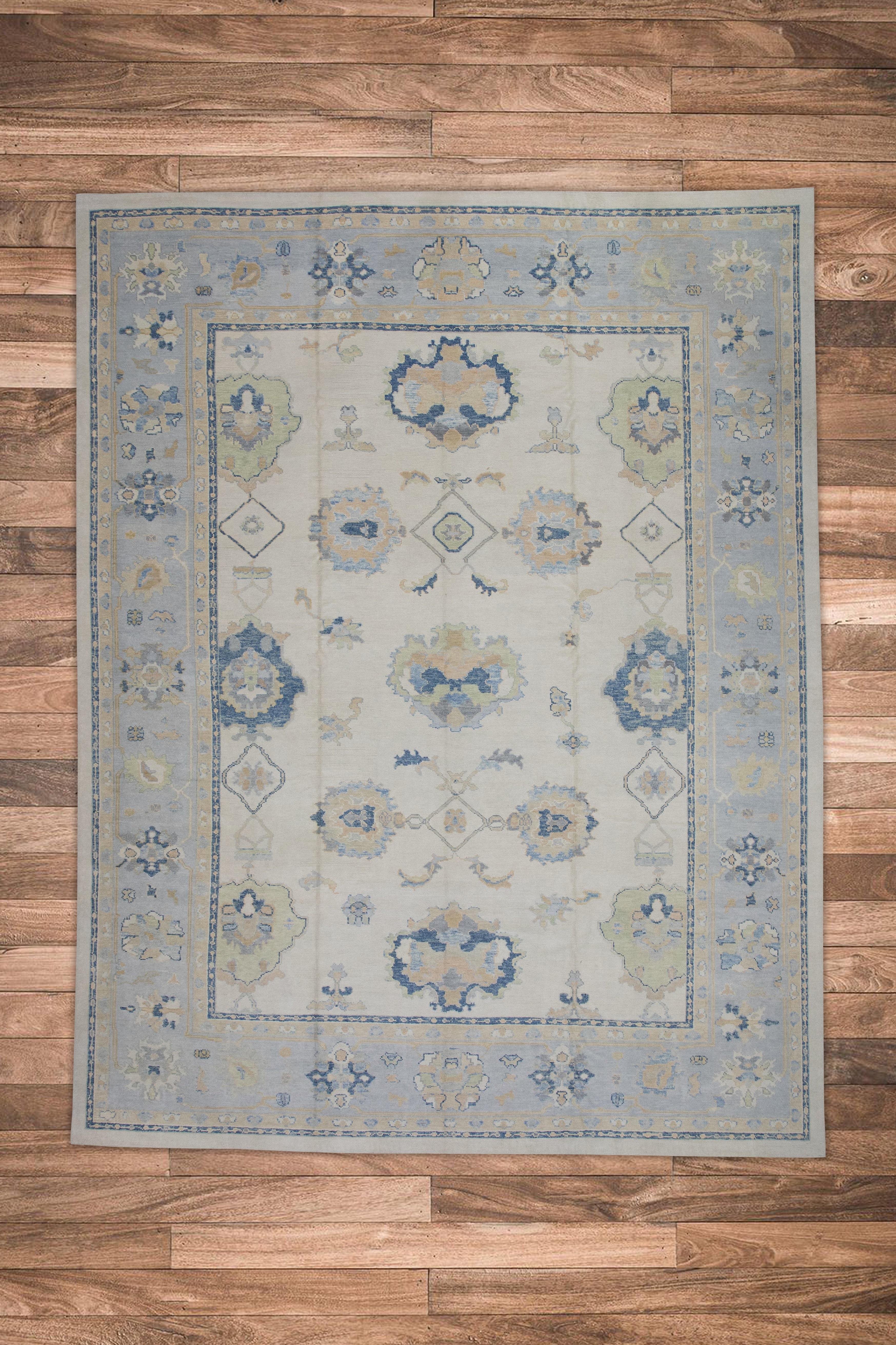 Blue & Cream Floral Design Handwoven Wool Turkish Oushak Rug 11'4