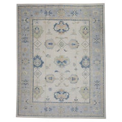 Blue & Cream Floral Design Handwoven Wool Turkish Oushak Rug 11'4" X 14'8"