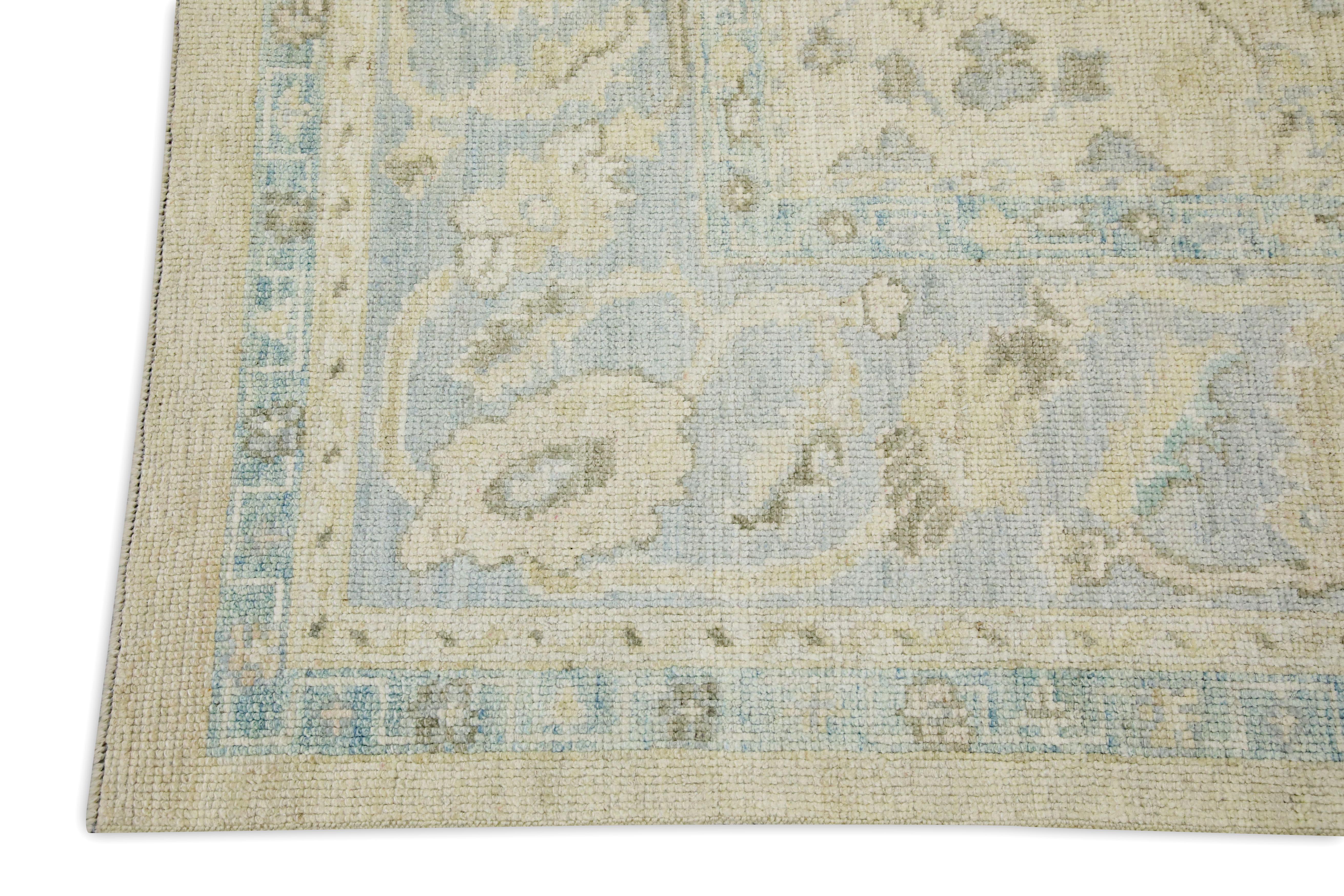 Vegetable Dyed Blue & Cream Floral Design Handwoven Wool Turkish Oushak Rug 8'2