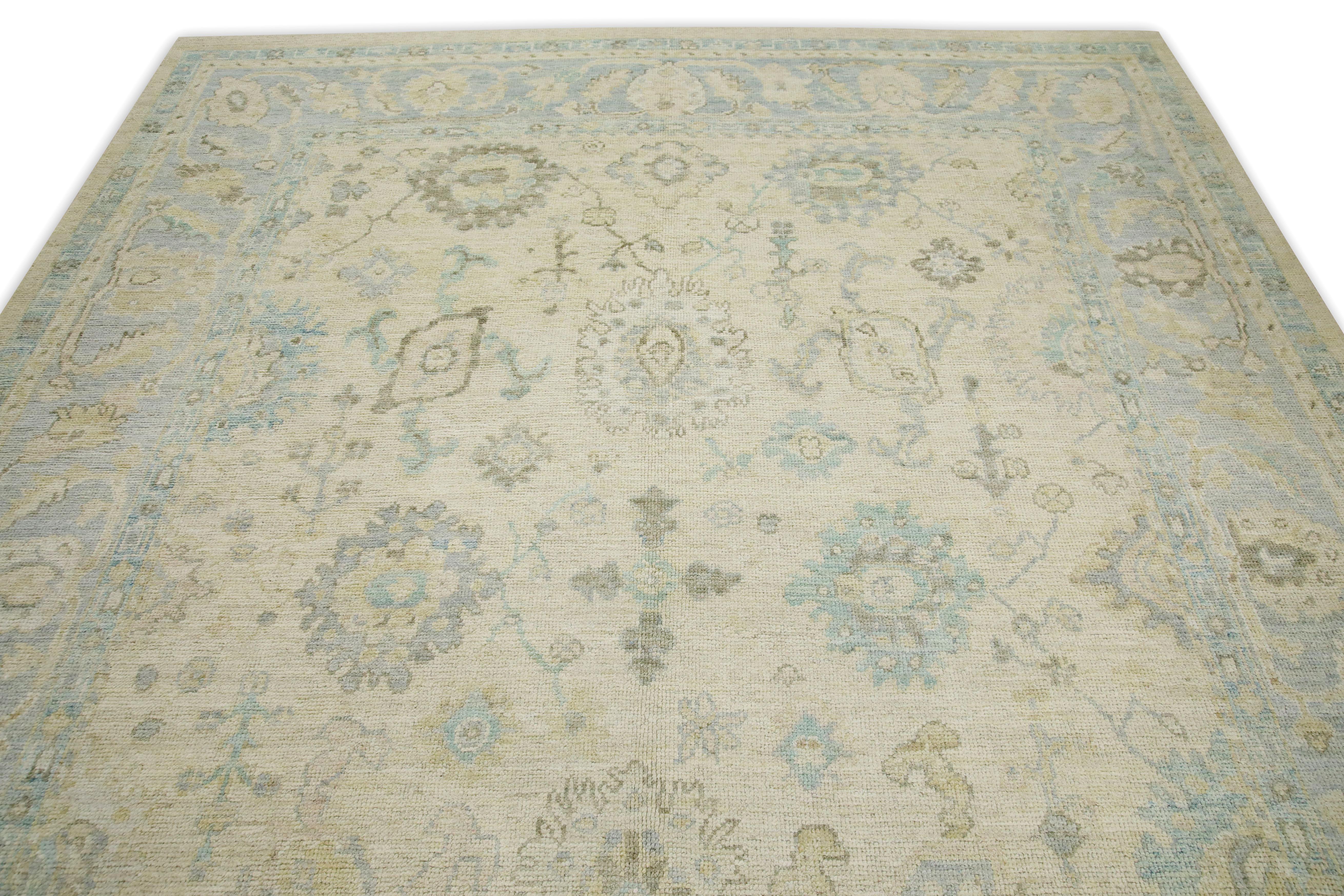 Blue & Cream Floral Design Handwoven Wool Turkish Oushak Rug 8'2