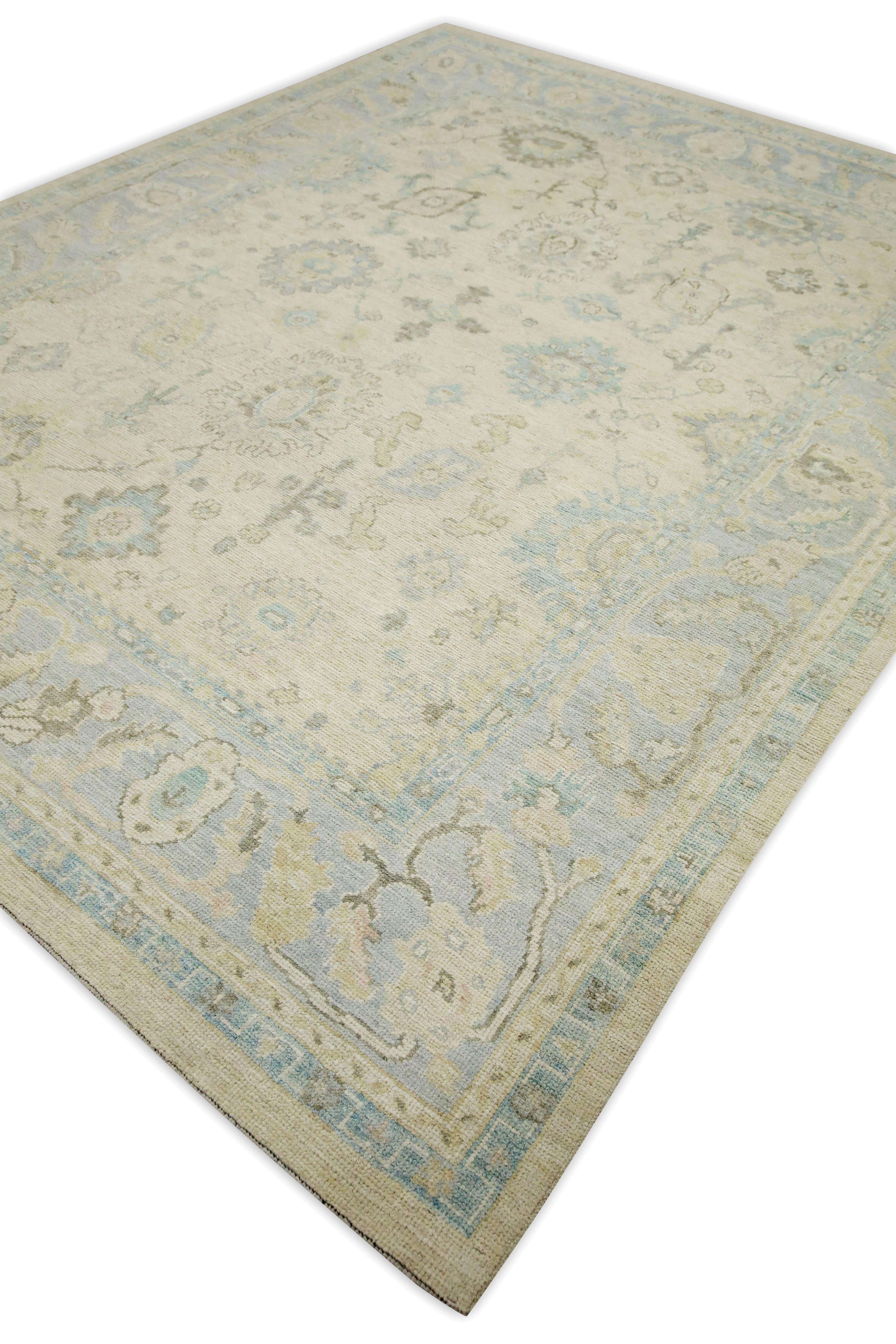 Contemporary Blue & Cream Floral Design Handwoven Wool Turkish Oushak Rug 8'2