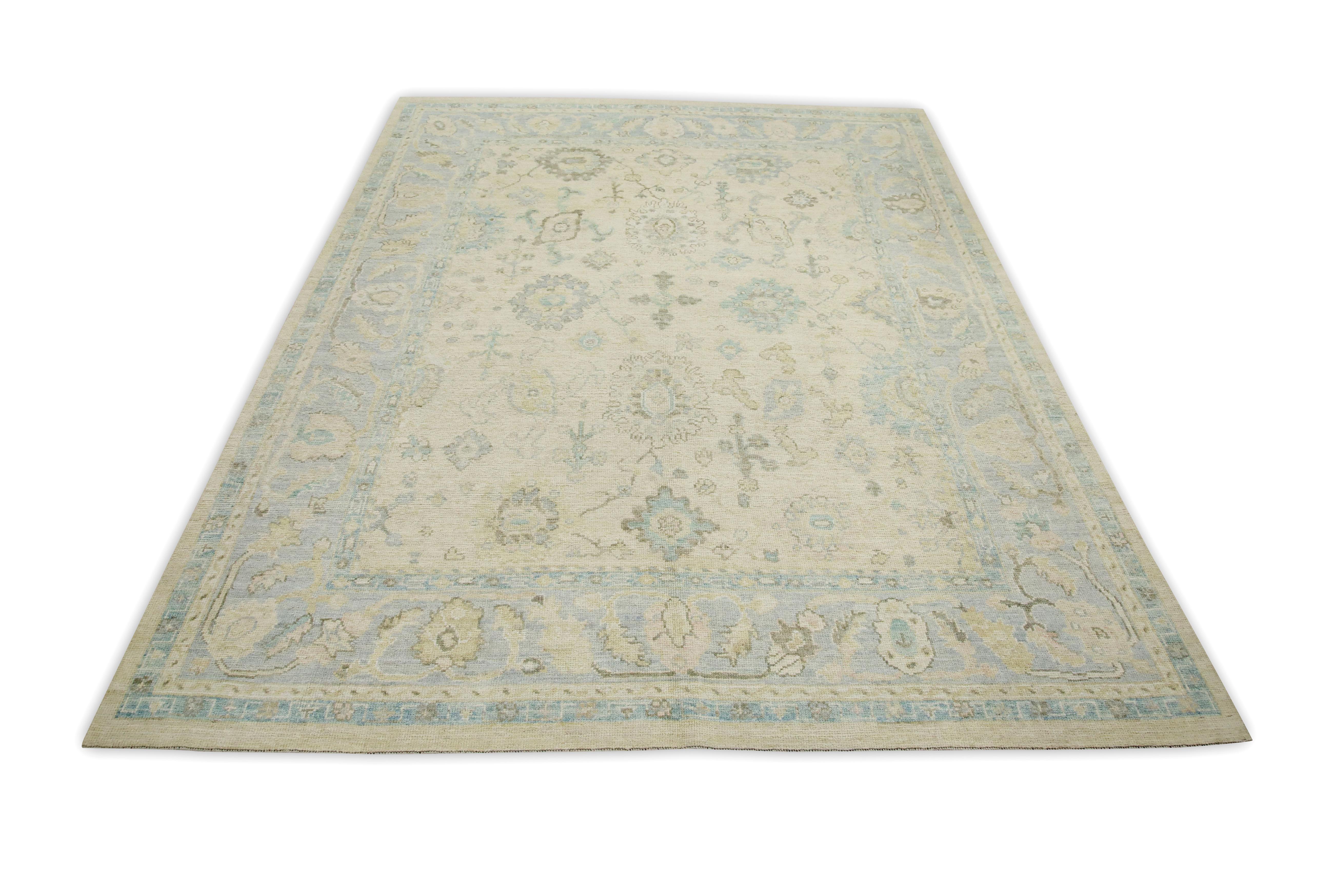 Blue & Cream Floral Design Handwoven Wool Turkish Oushak Rug 8'2