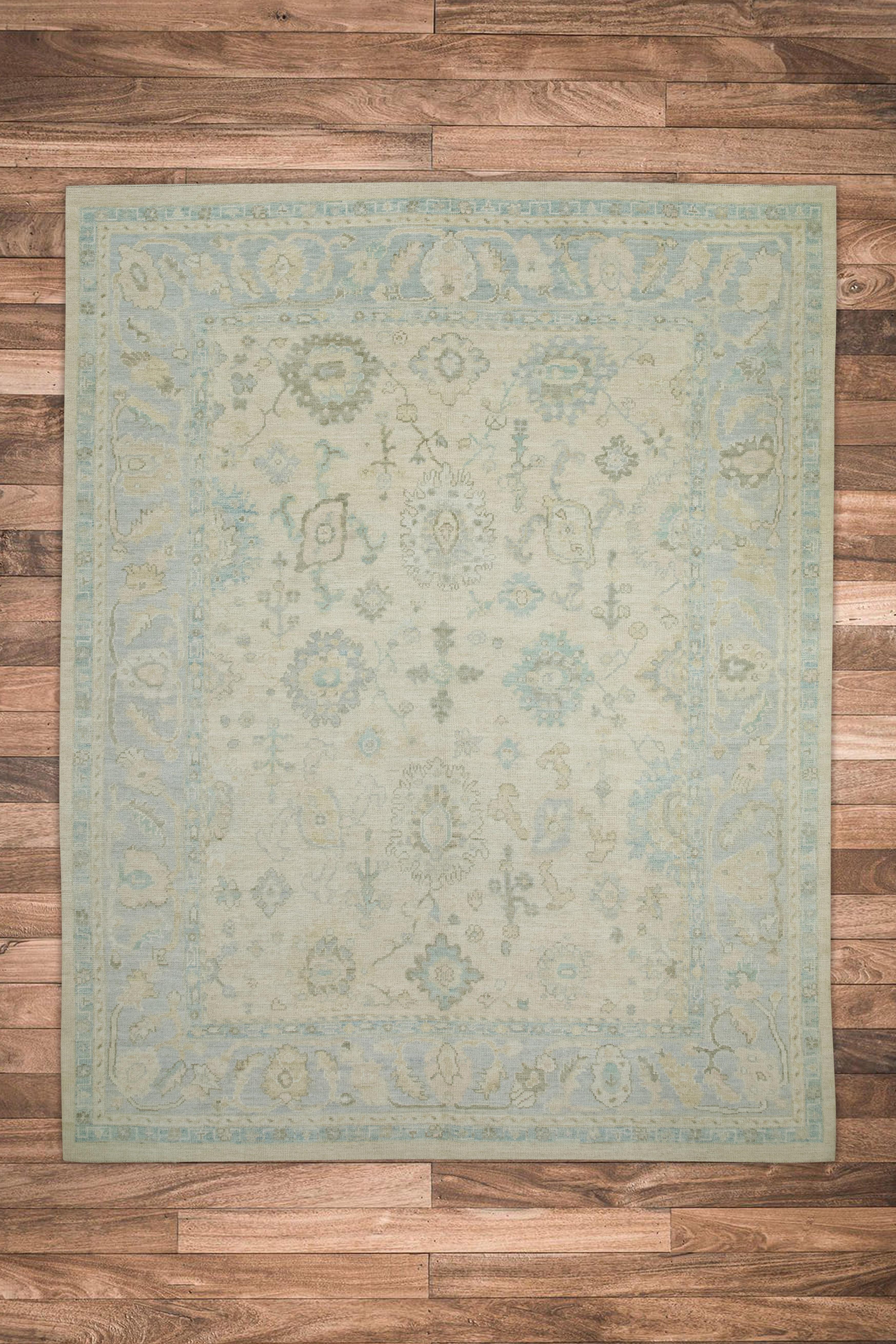 Blue & Cream Floral Design Handwoven Wool Turkish Oushak Rug 8'2