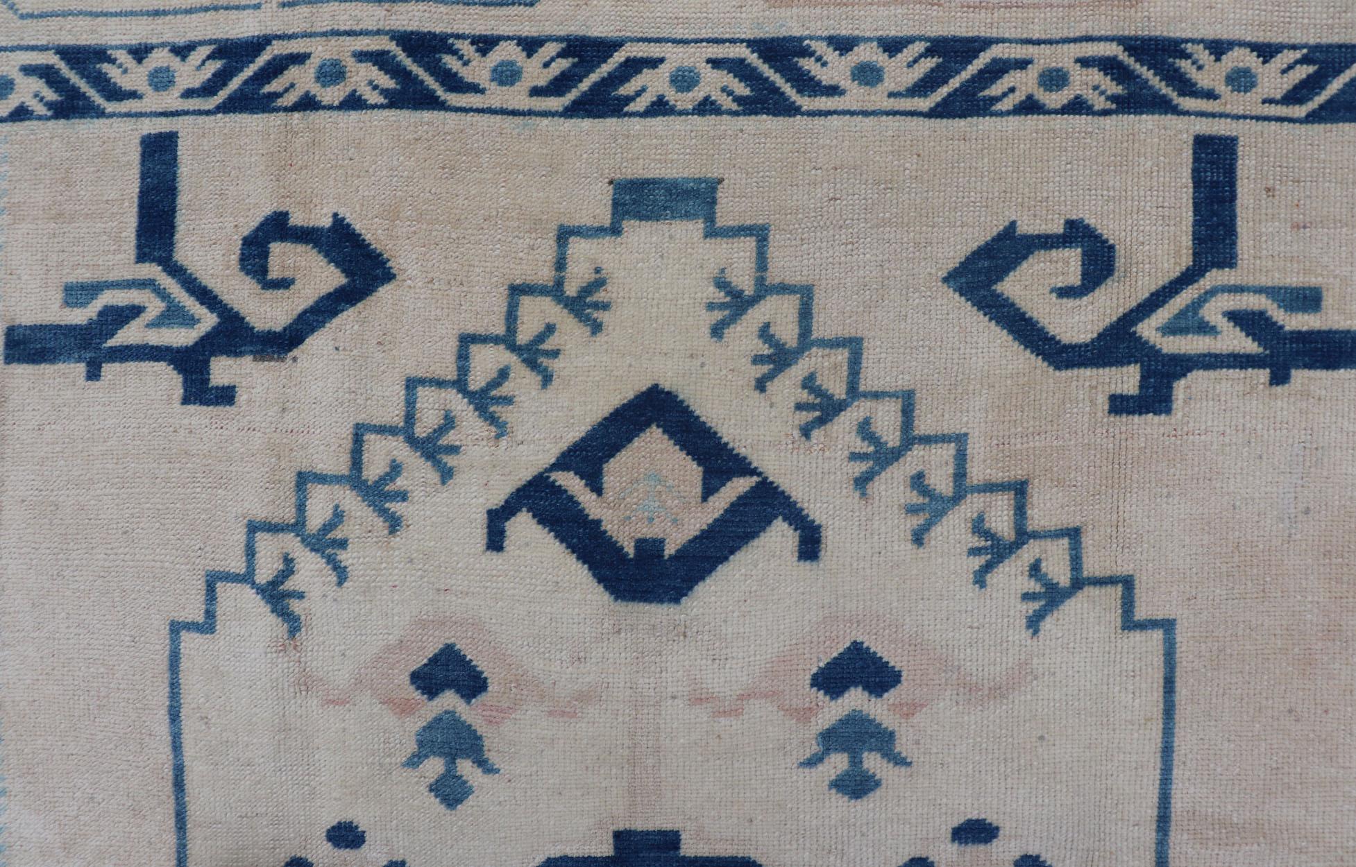 Blue, Cream & Green Vintage Oushak Rug with Geometric Medallion & Tribal Design For Sale 3