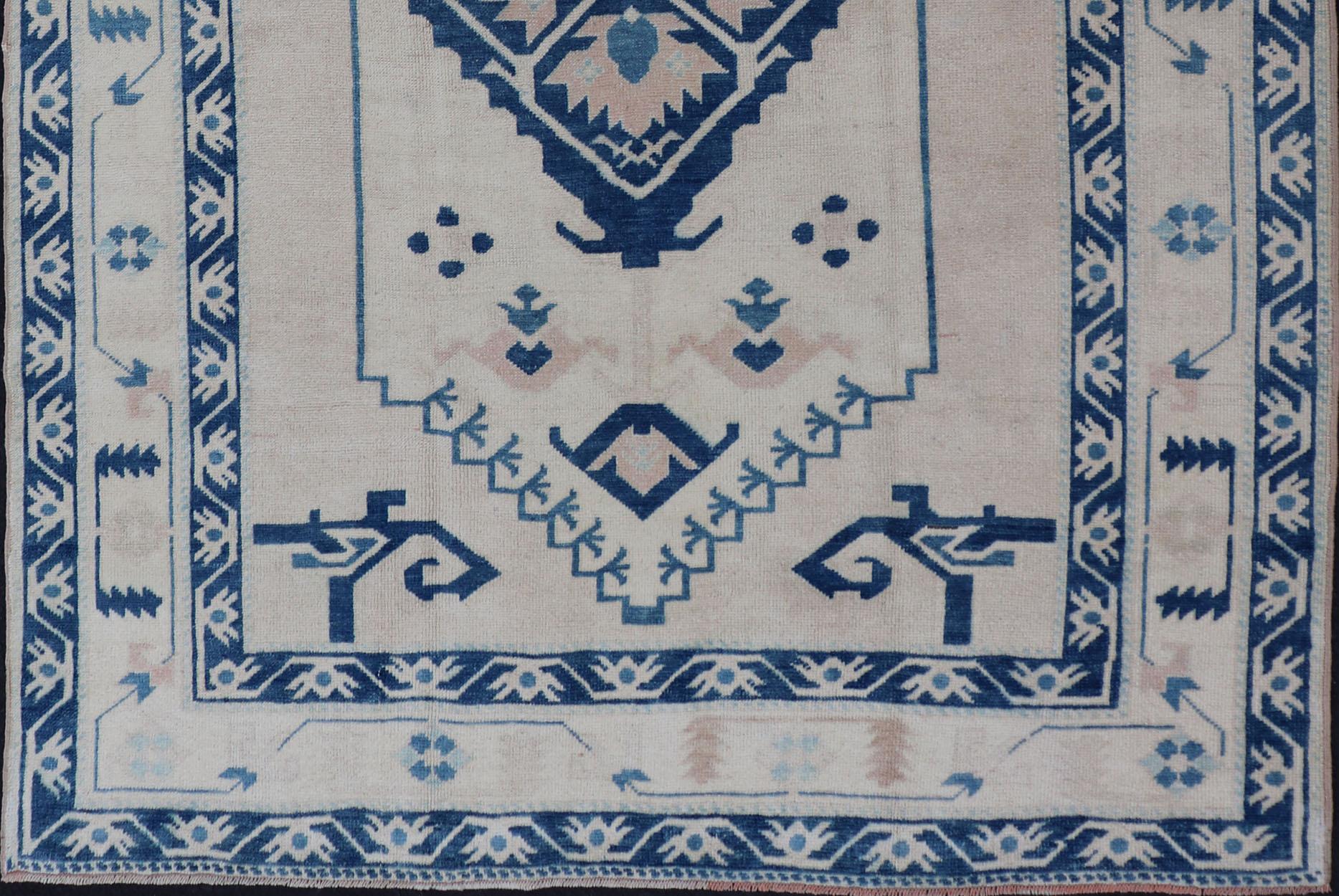 Hand-Knotted Blue, Cream & Green Vintage Oushak Rug with Geometric Medallion & Tribal Design For Sale