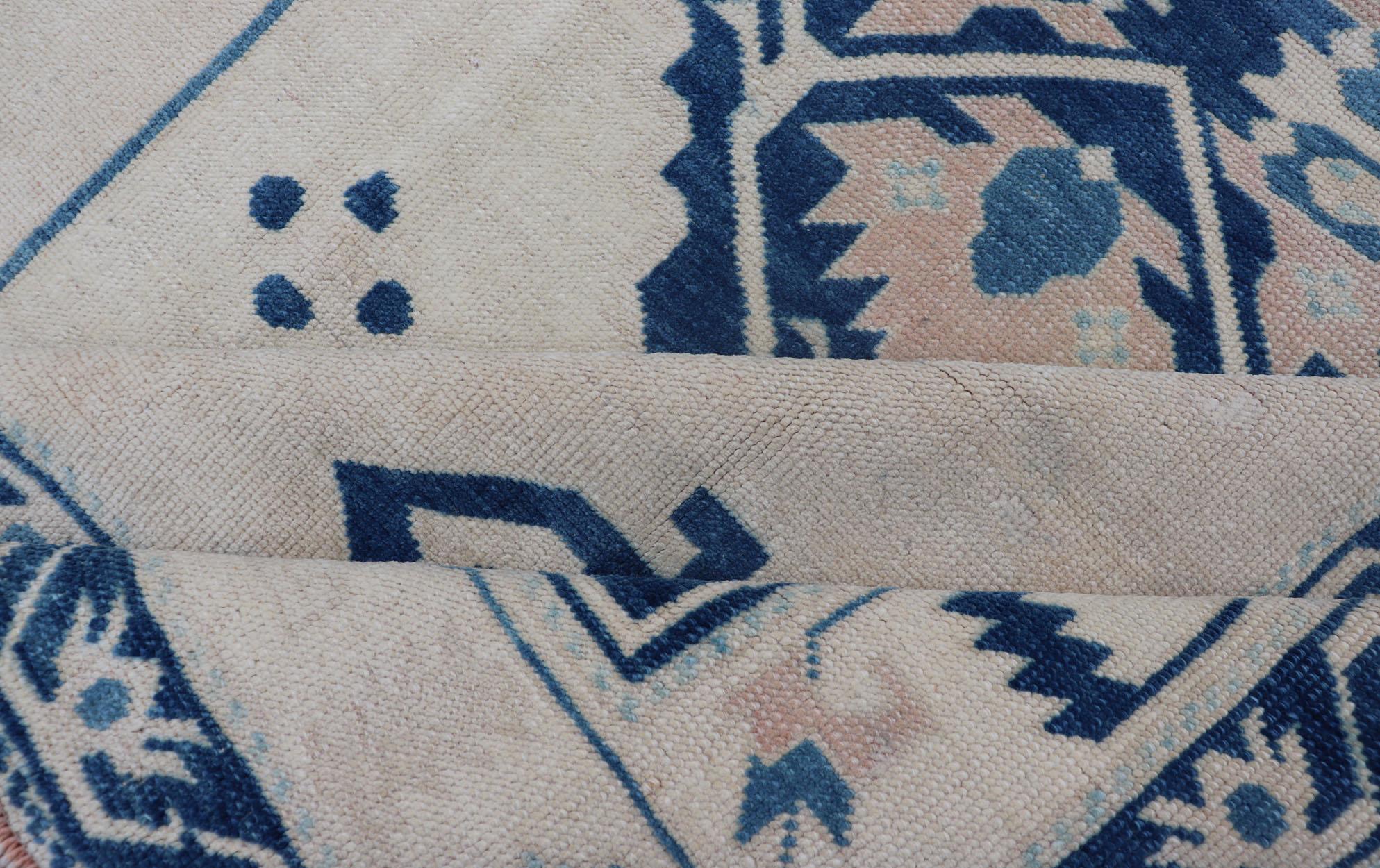 20th Century Blue, Cream & Green Vintage Oushak Rug with Geometric Medallion & Tribal Design For Sale