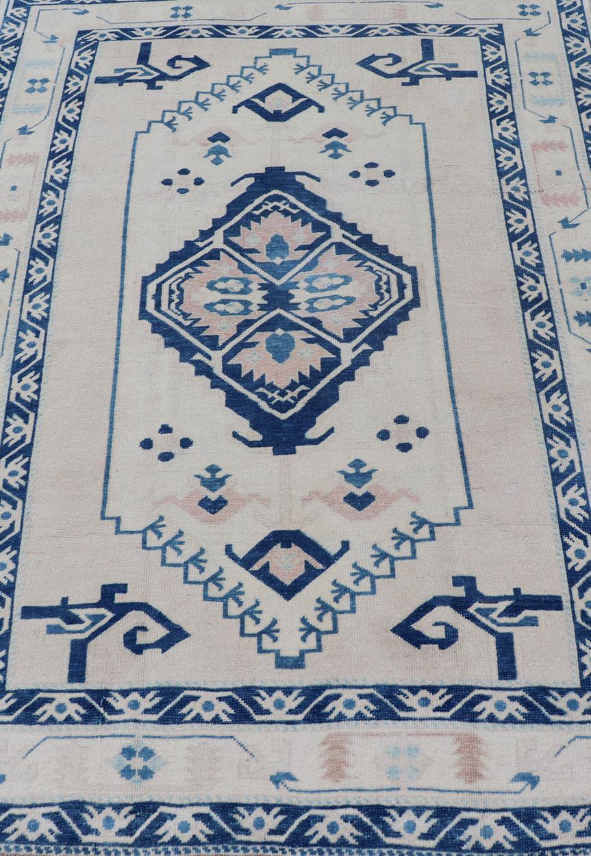 Blue, Cream & Green Vintage Oushak Rug with Geometric Medallion & Tribal Design For Sale 1