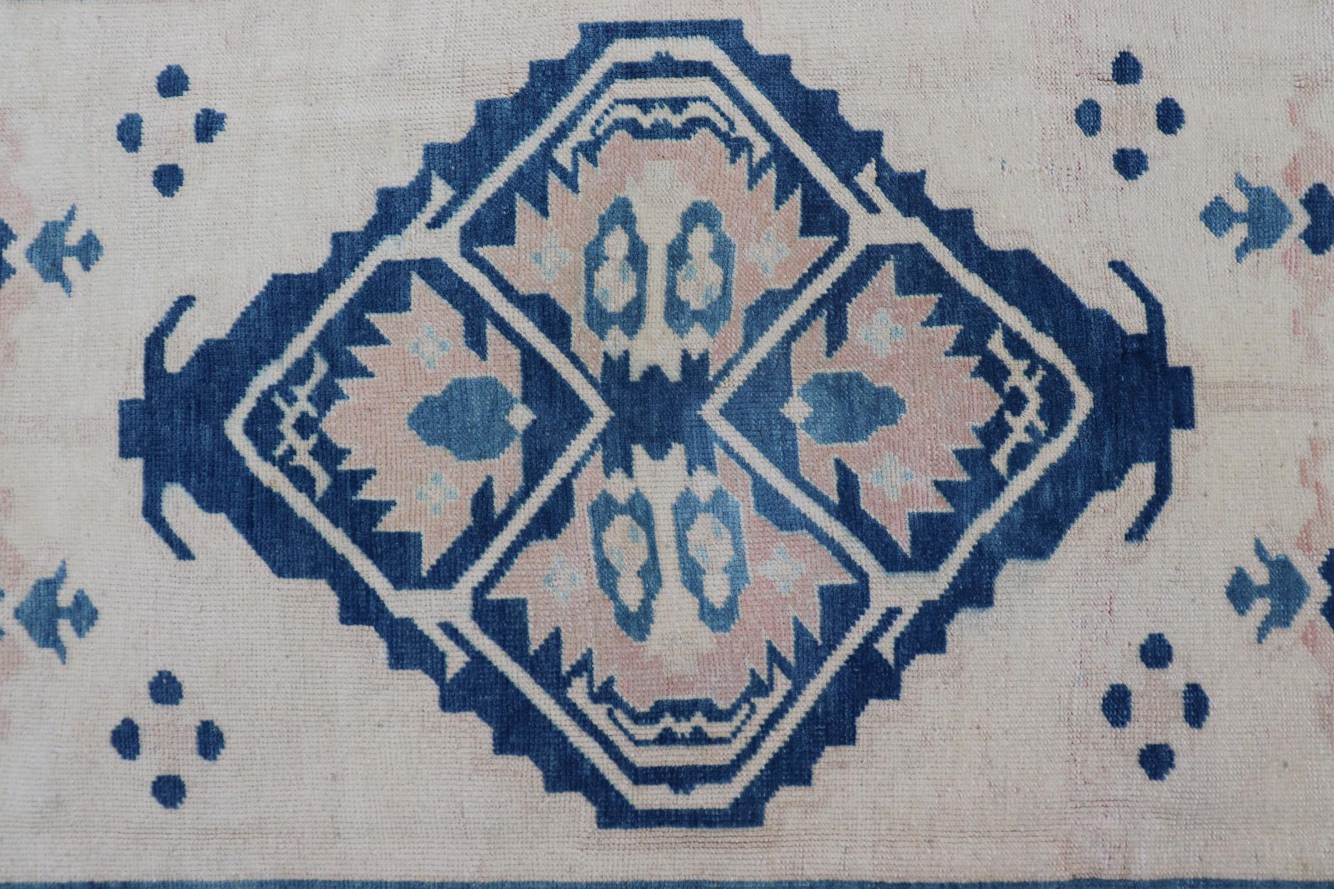Blue, Cream & Green Vintage Oushak Rug with Geometric Medallion & Tribal Design For Sale 2