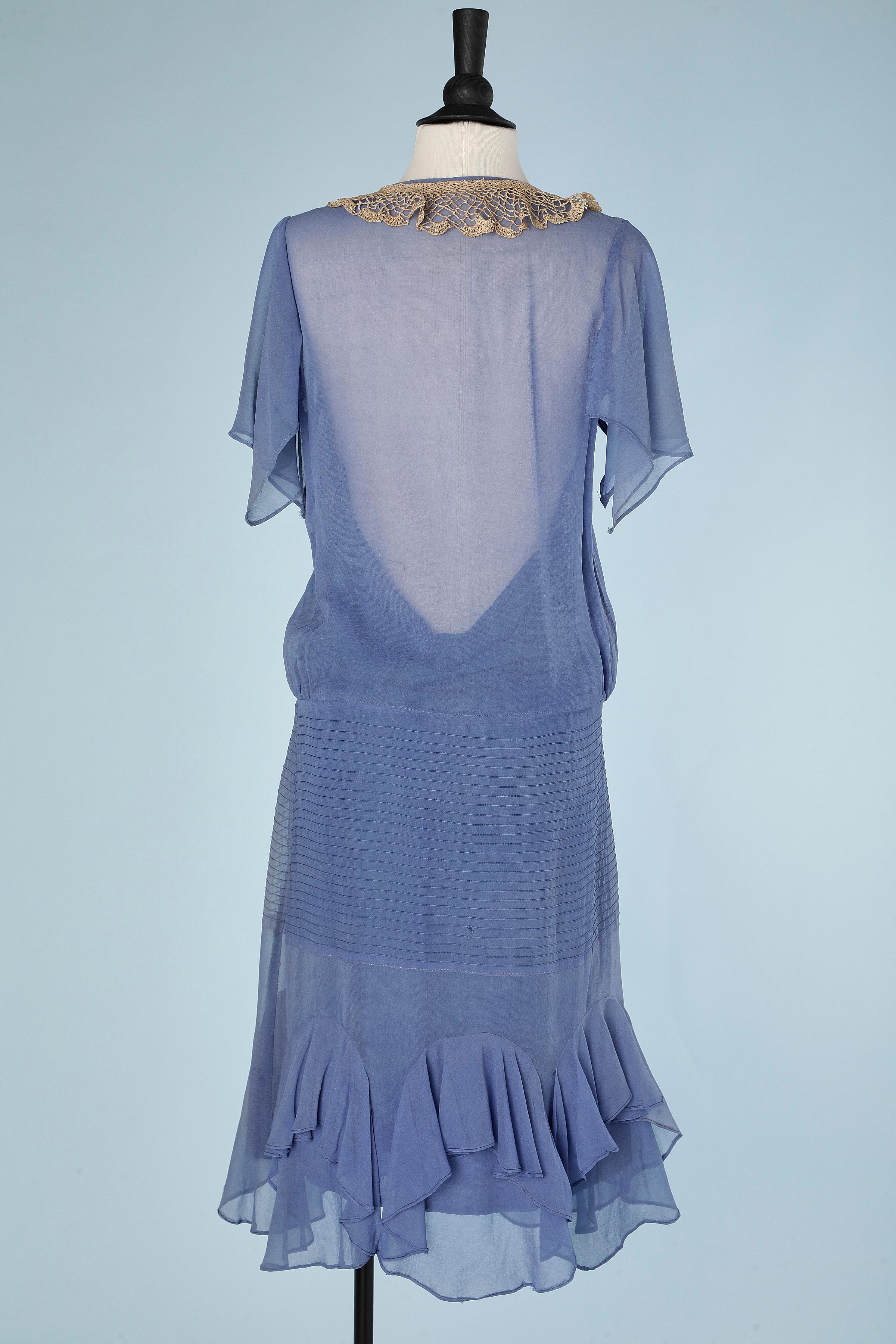 Women's Blue crêpe top-stitched dress with crochet collar, bow and ruffles Circa 1925's  For Sale