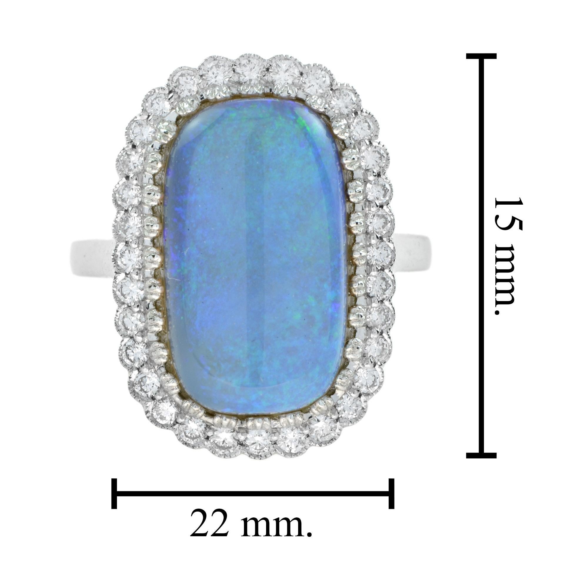 Blue Crystal Australian Opal & Diamond Halo Set Vintage Style White Gold Ring in vendita 4