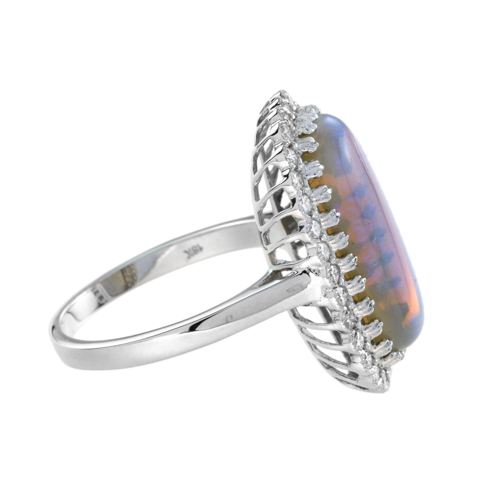 Art Déco Blue Crystal Australian Opal & Diamond Halo Set Vintage Style White Gold Ring in vendita