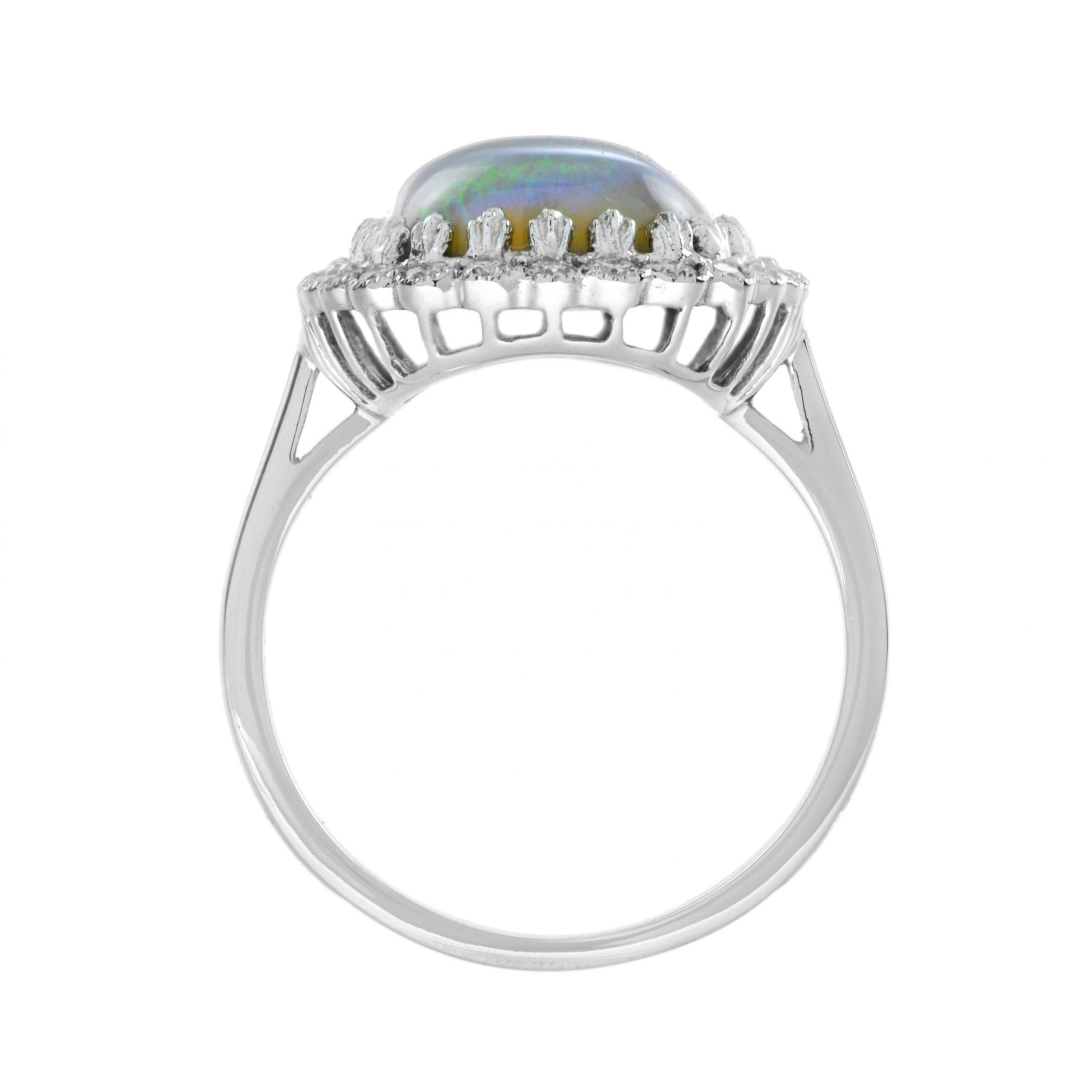 Blue Crystal Australian Opal & Diamond Halo Set Vintage Style White Gold Ring In condizioni Nuovo in vendita a Oakton, VA