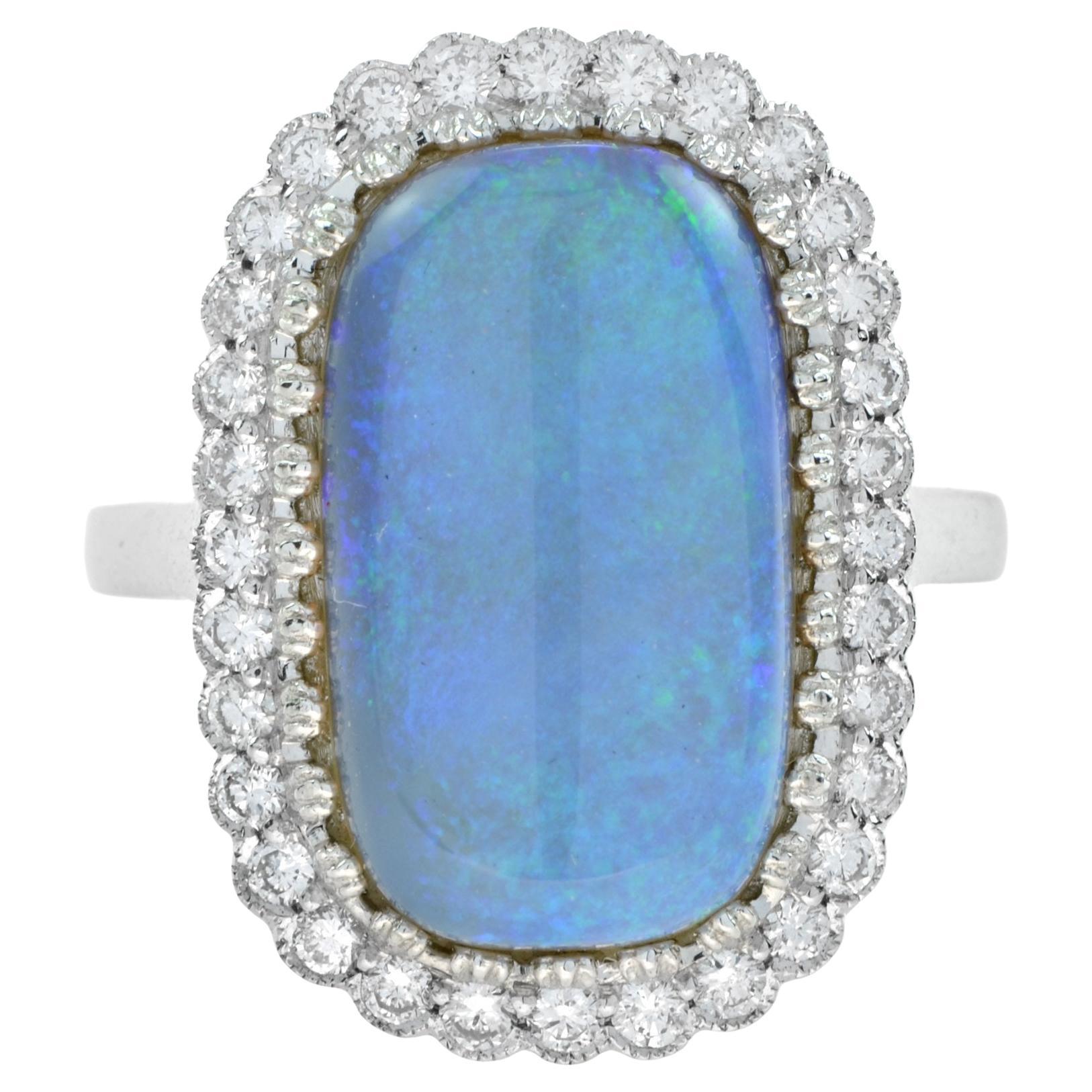 Blue Crystal Australian Opal & Diamond Halo Set Vintage Style White Gold Ring in vendita