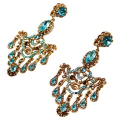 Blue Crystal & Costume Pearl Chandelier Clip-On Earrings circa Mid-Century