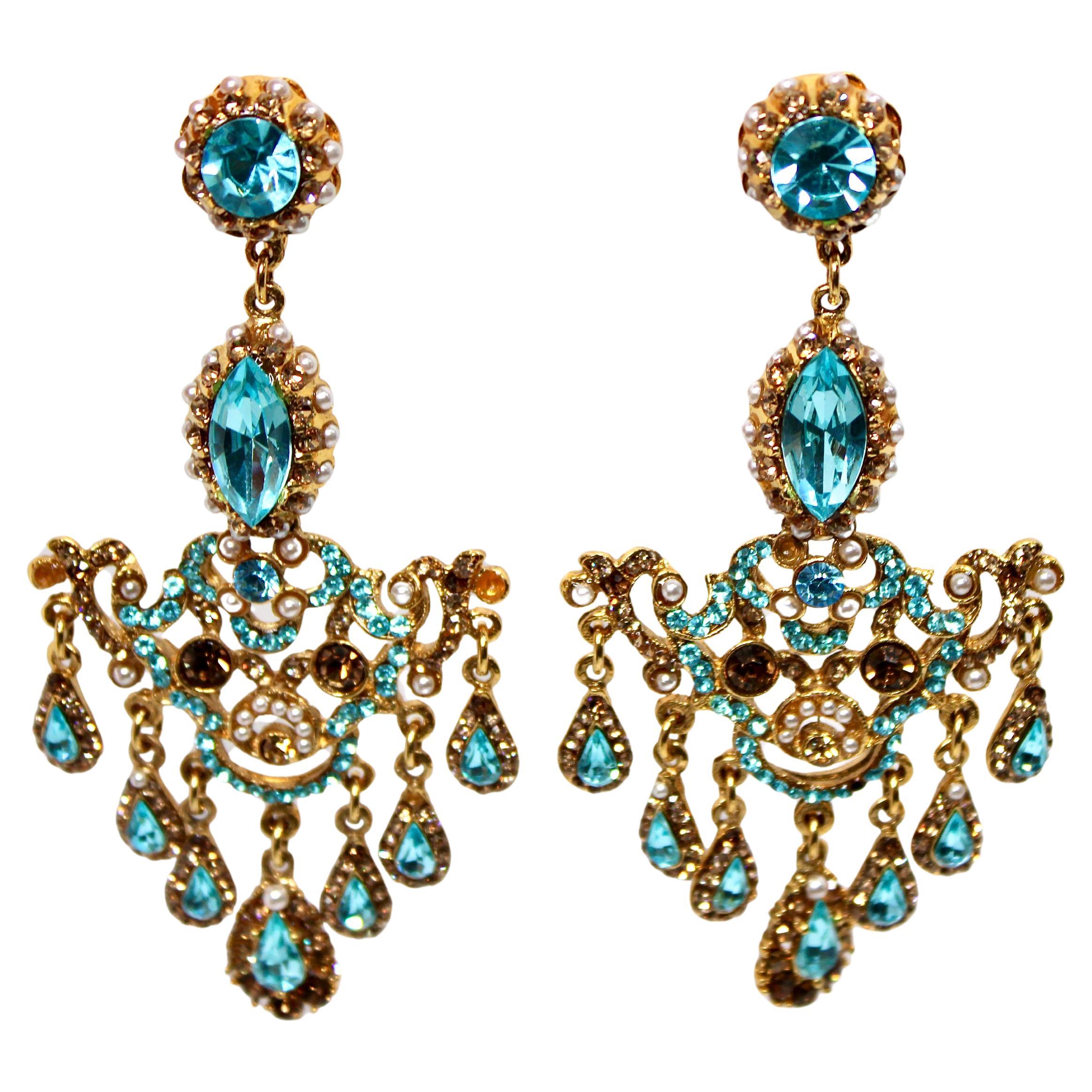 Blue Crystal 
Costume Pearl Chandelier Clip-On Earrings circa Mid-Century For Sale