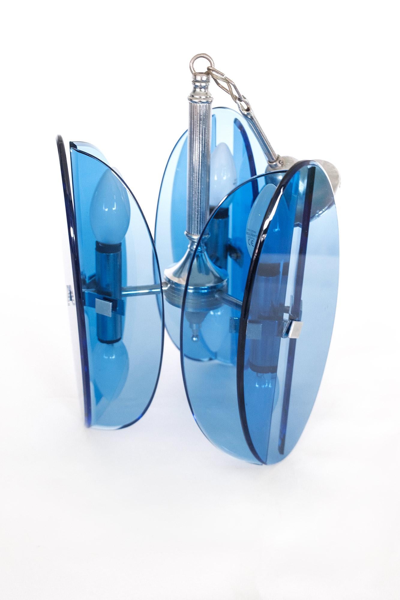 Italian Blue Crystal Glass Ceiling Lamp Fontana Arte from Veca, Italy For Sale