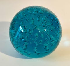 Blue Crystal Glass Paperweight with Infused Floating Bubbles