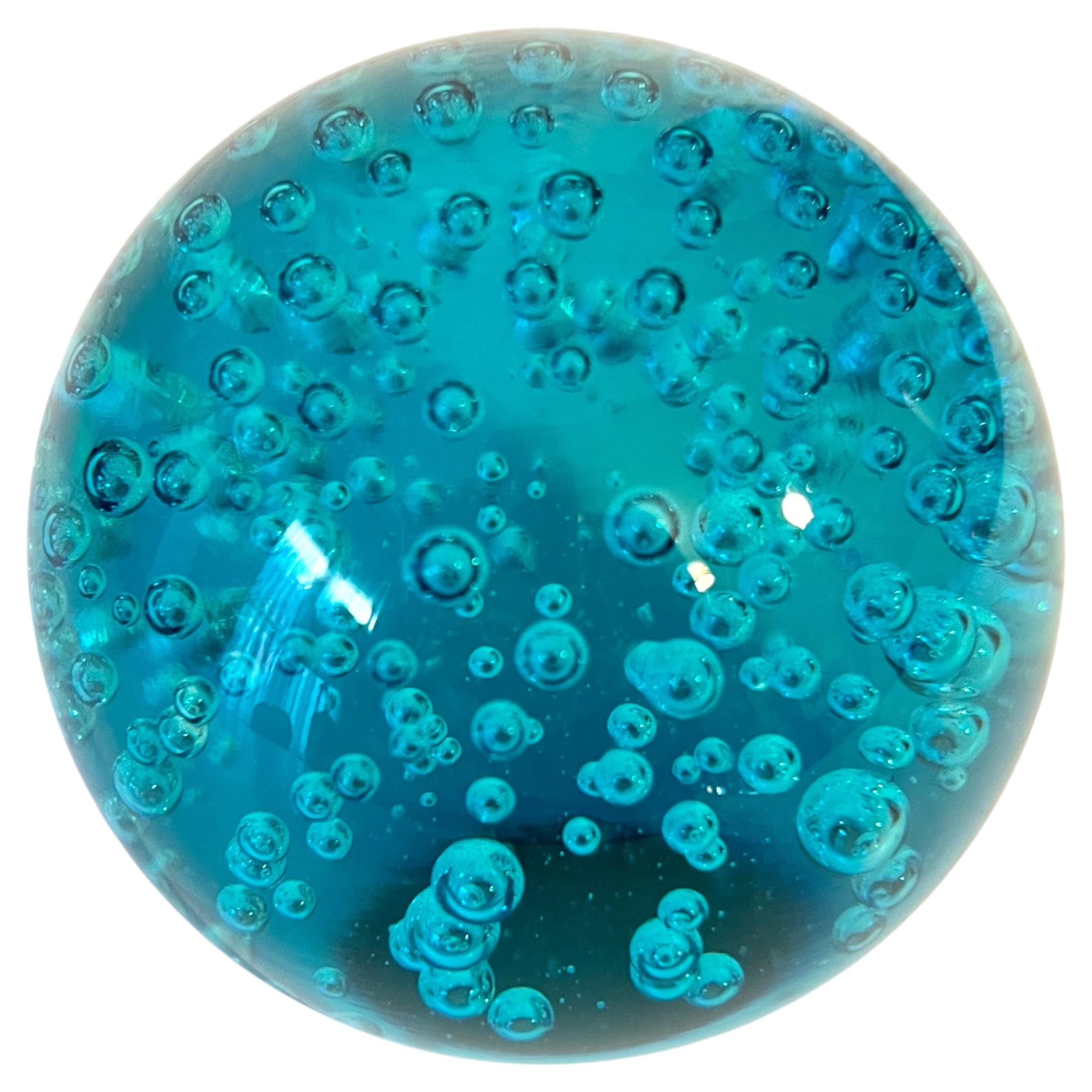 Blue Crystal Glass Paperweight with Infused Floating Bubbles
