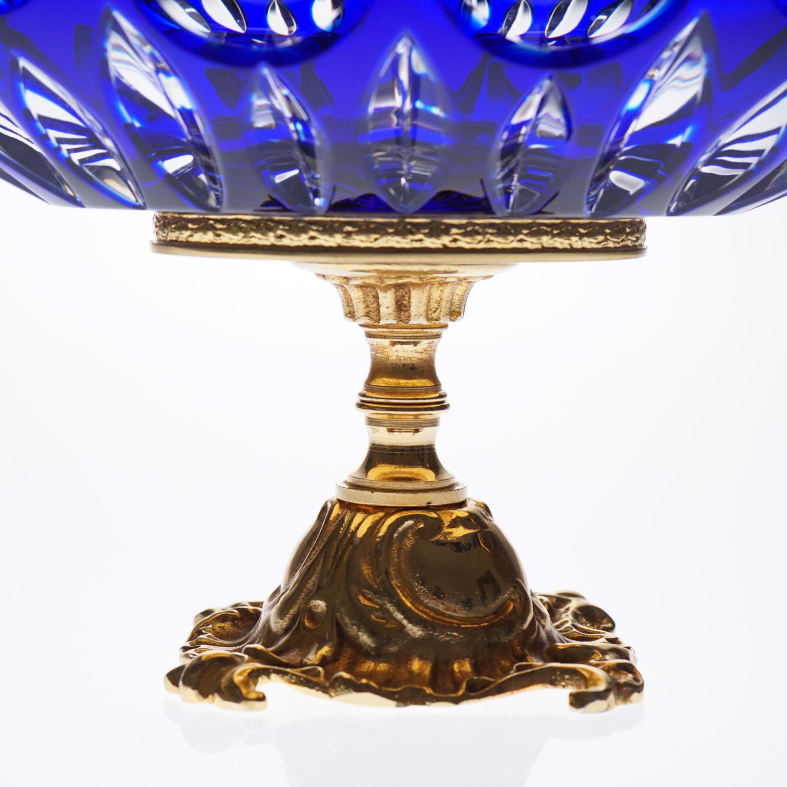 French Blue Crystal Jardinière with Bronze Foot and Top Covered 22-Carat Gold For Sale