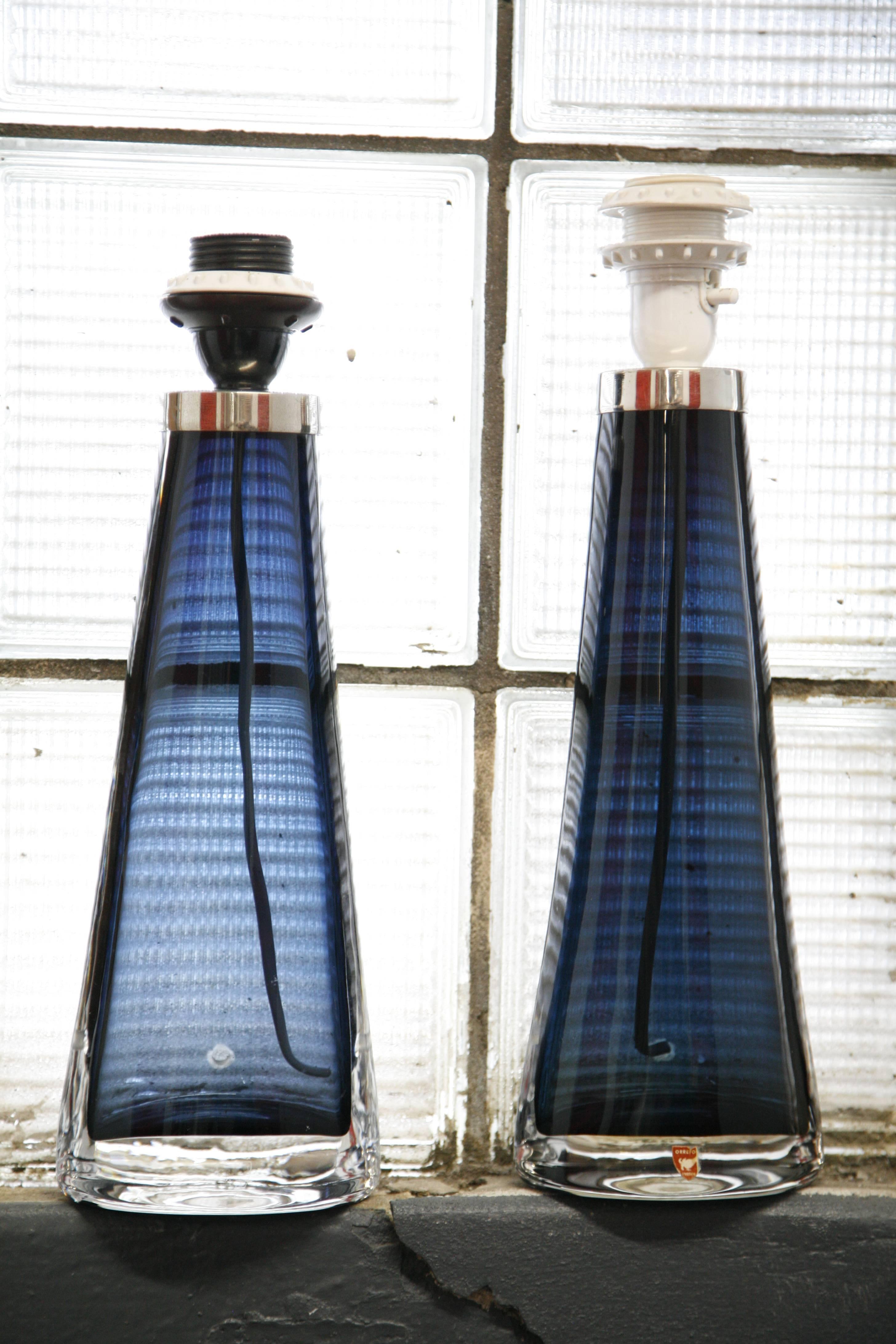 Mid-Century Modern Blue Crystal Orrefors Lamps Design by Carl Fagerlund Orrefors, Sweden, 1970 For Sale