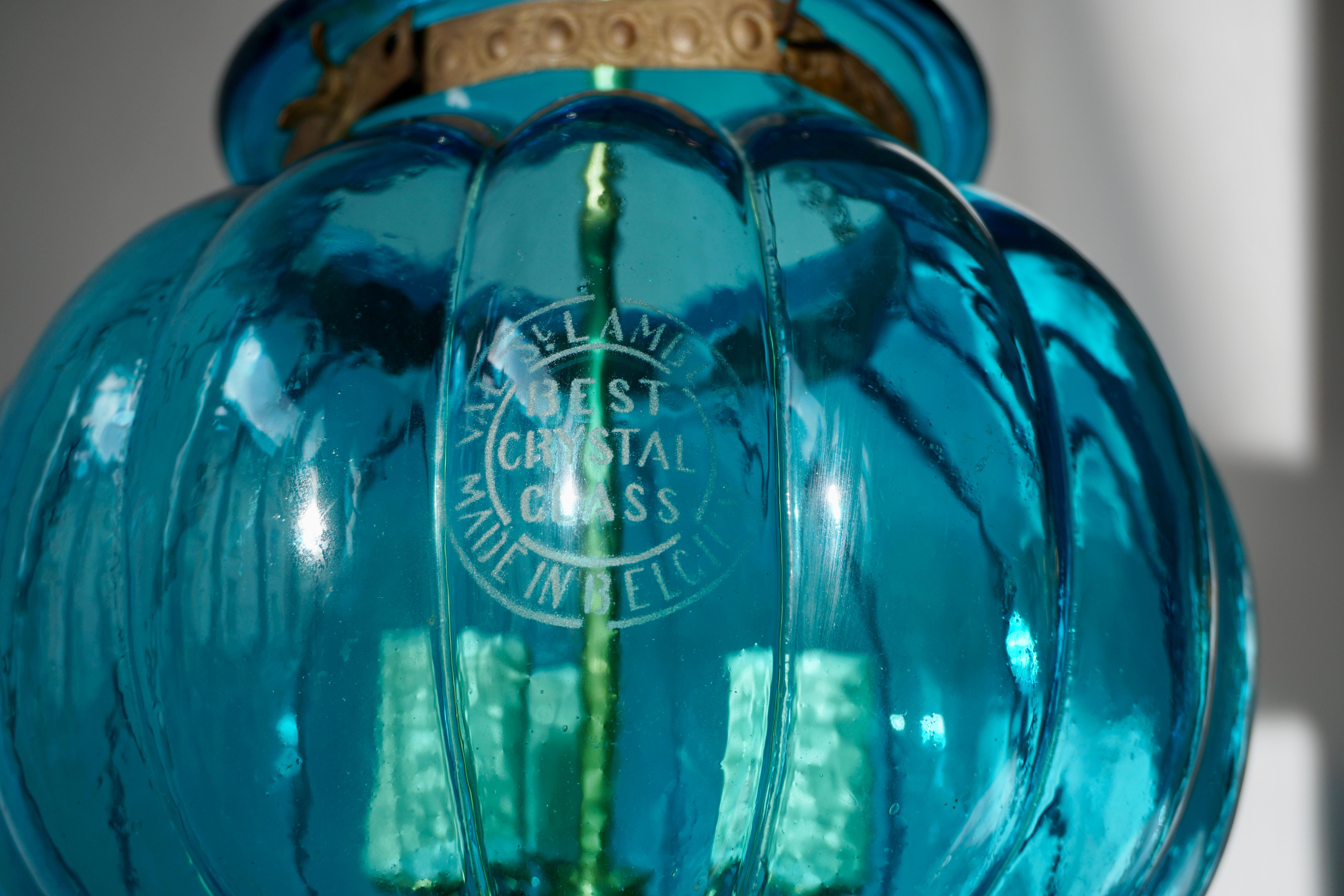 Lampe à suspension en cristal bleu de Val St. Lambert en vente 4