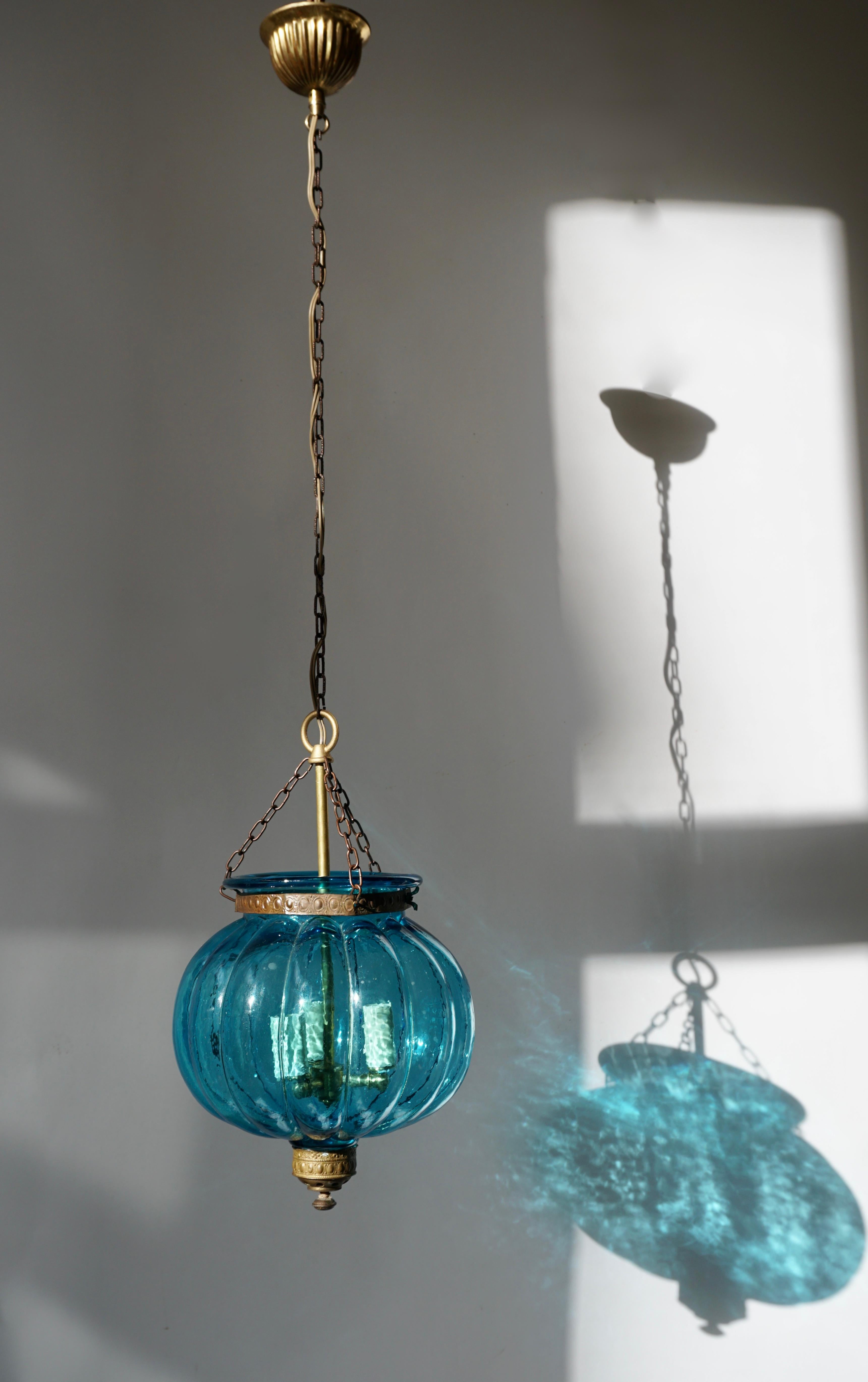 Belgian Blue Crystal Pendant Light by Val St. Lambert For Sale