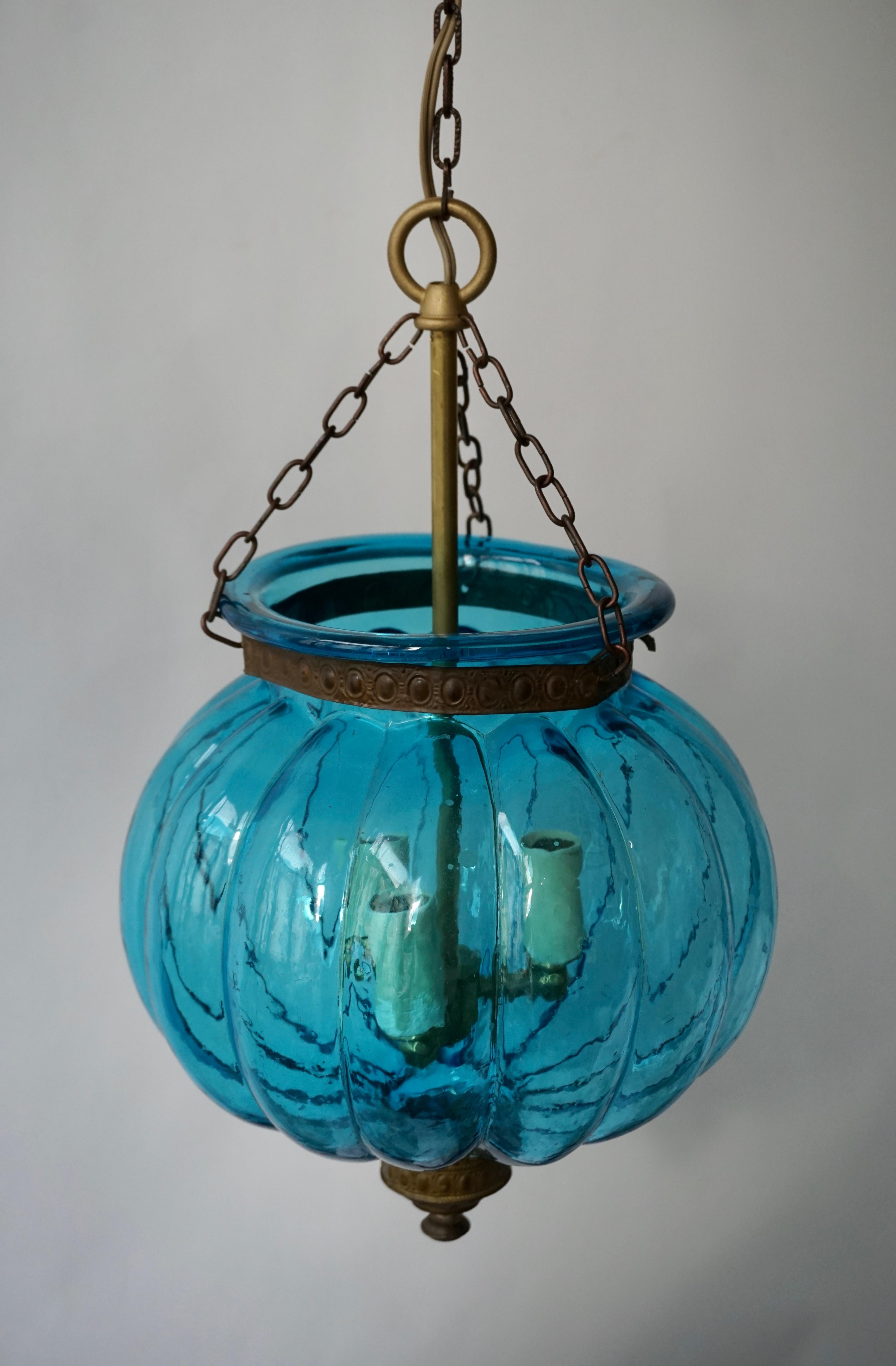 Brass Blue Crystal Pendant Light by Val St. Lambert For Sale