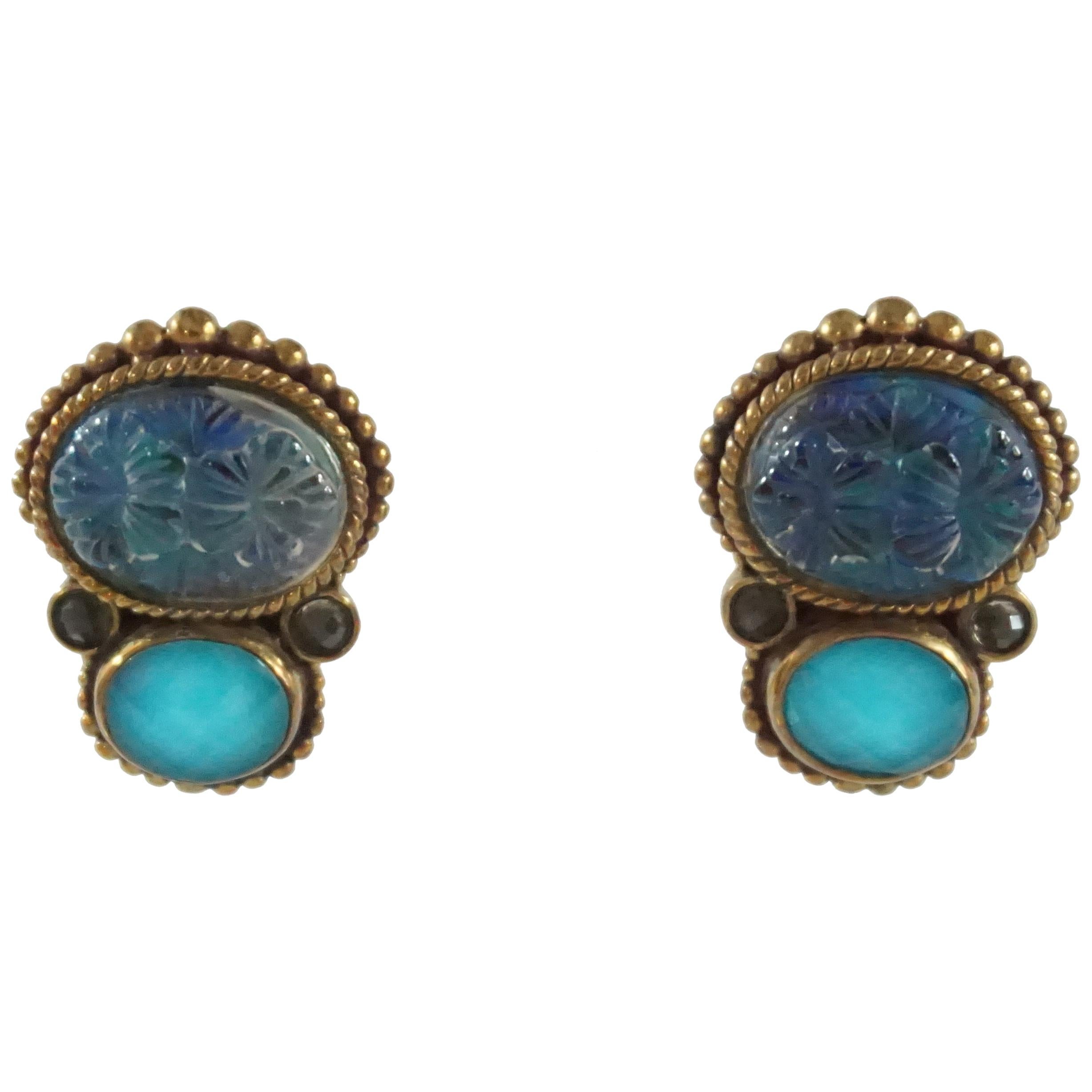 Blue Crystal Quartz and Topaz Clip Earrings with Bronze
