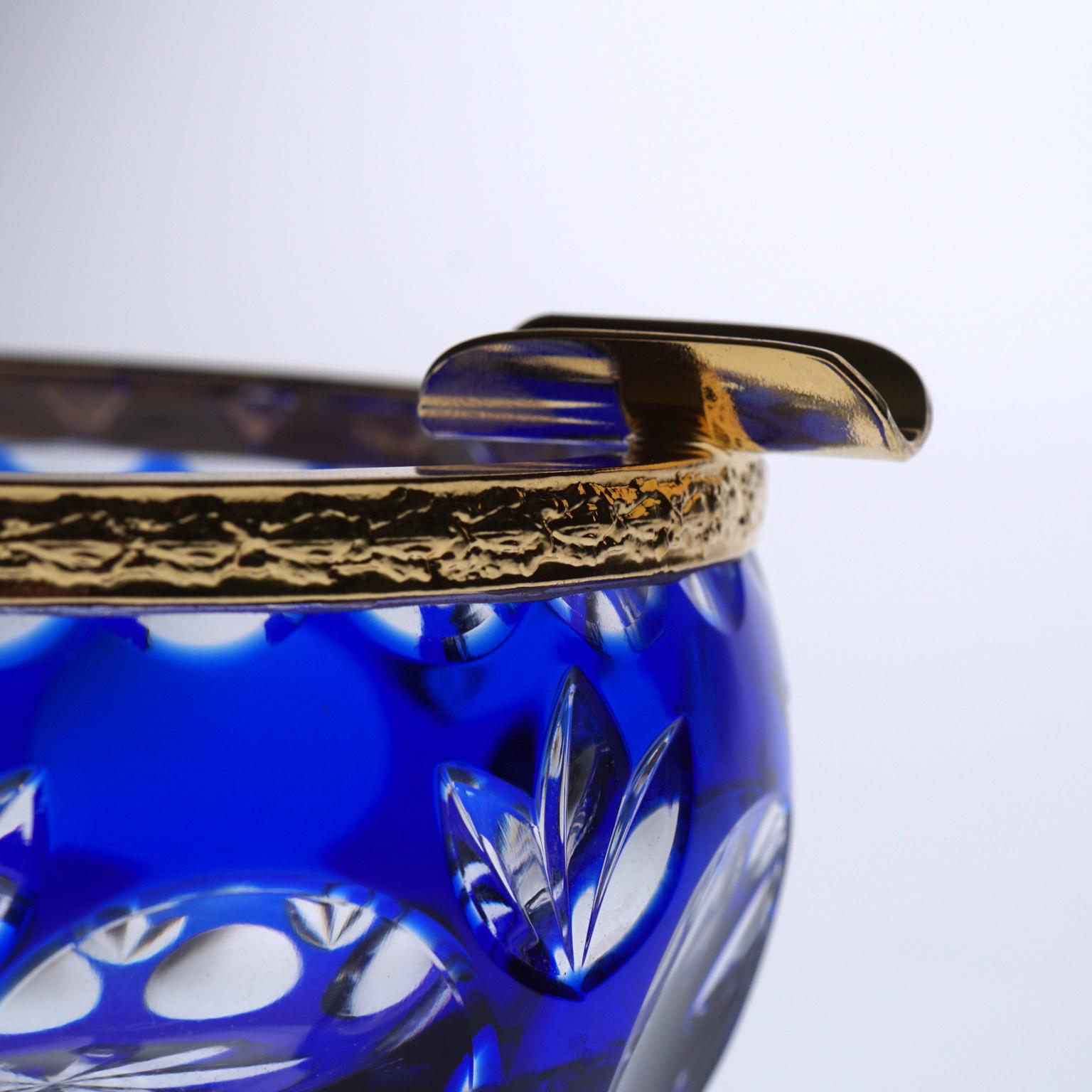 French Blue Crystal Small Ashtray with Bronze Covered with Gold, Oriental Style