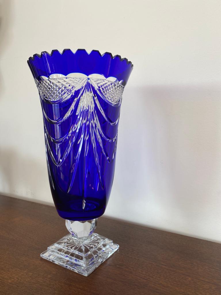 Deep Blue Crystal Vase, Handcrafted with Drapery Motifs, from circa 60s