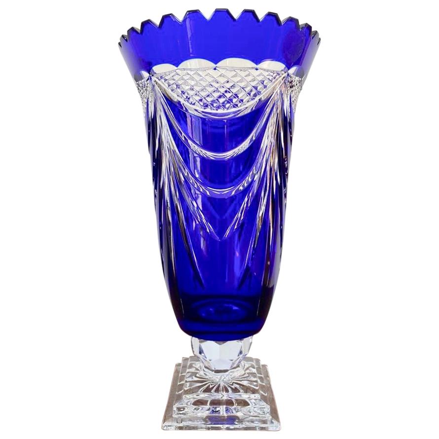 Deep Blue Crystal Vase, Handcrafted with Drapery Motifs, from circa 60s' For Sale