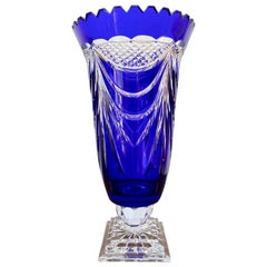 Deep Blue Crystal Vase, Handcrafted with Drapery Motifs, from circa 60s'