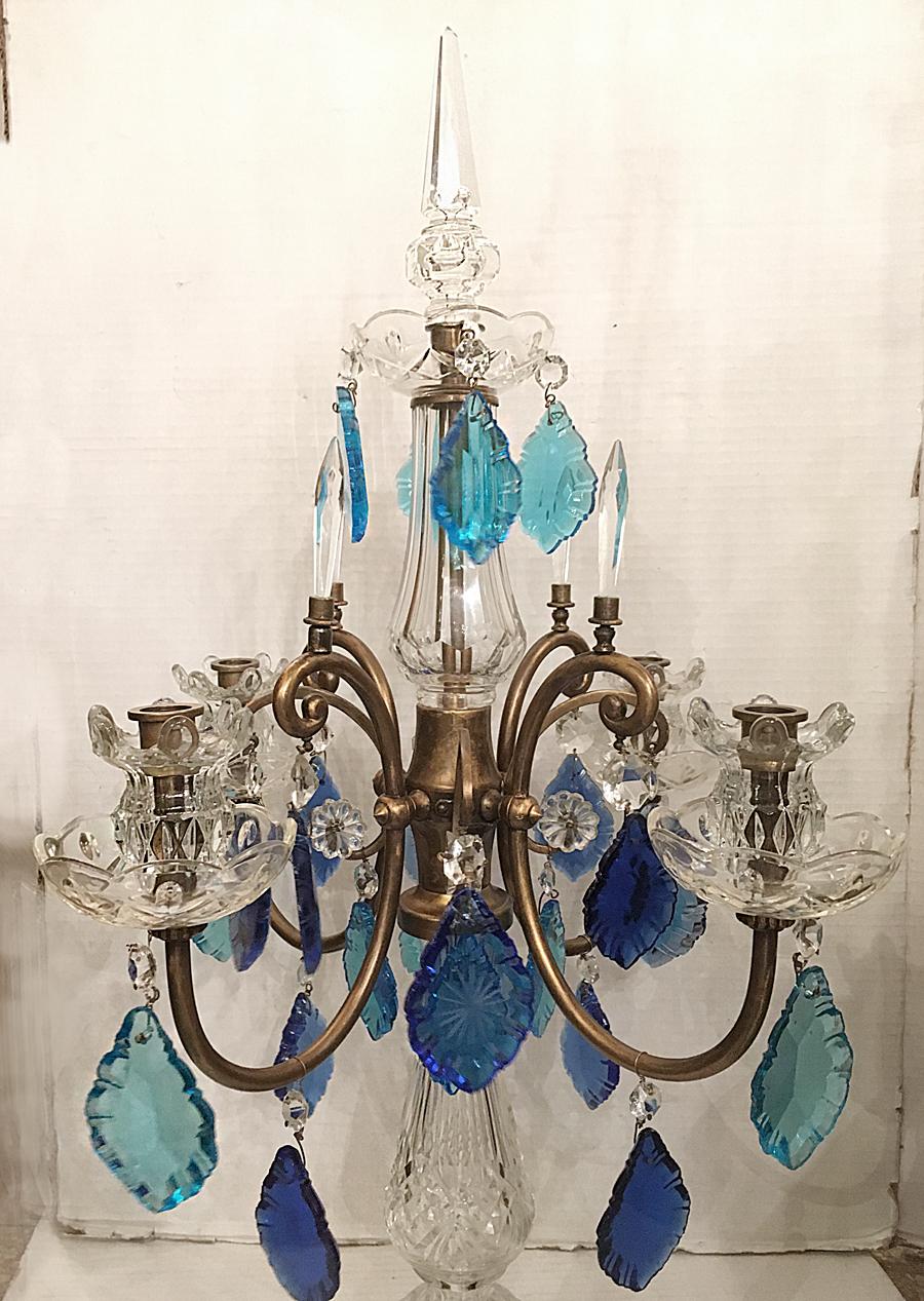 Blue Crystals French Candelabra In Excellent Condition For Sale In New York, NY
