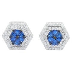 Blue Cubic Zirconia Hexagon Halo Studs Earring for Girlfriend Gift in Silver