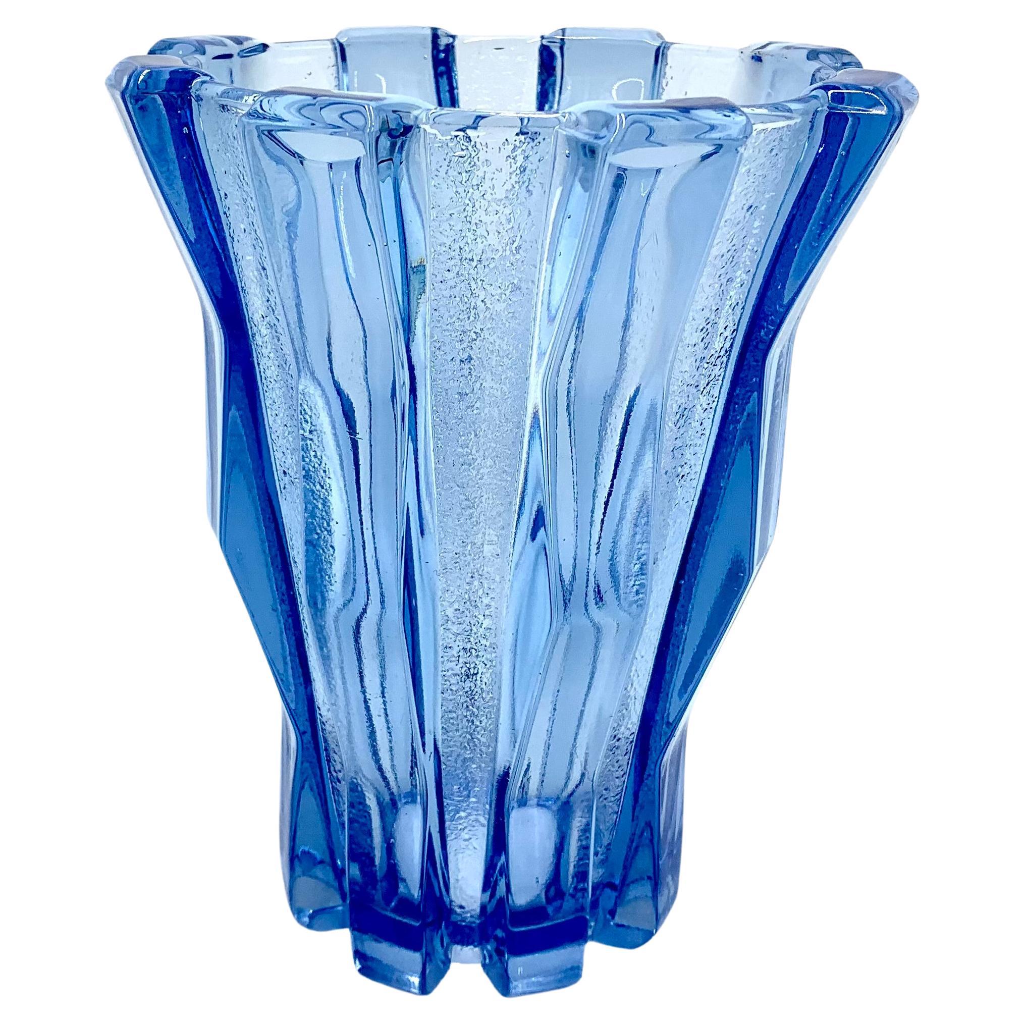 Blue "Cubist" vase, Verreries de Scailmont, Belgium, 1930s