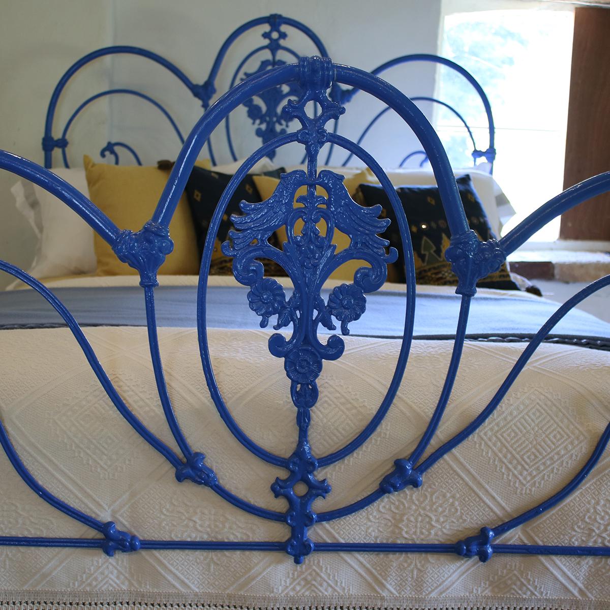 Antique bed with three hoops design design, bird castings and finished in blue. This bed can be repainted in a colour of your choice. 

This bed accepts a UK King size or US Queen size (5ft, 60 inches or 150 cm wide) base and mattress set.

The