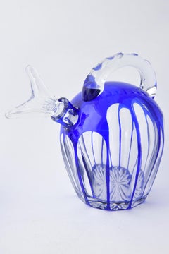 Blue Cut to Clear Art Glass Cordial Decanter Set with 2 Decanters and 6 Glasses