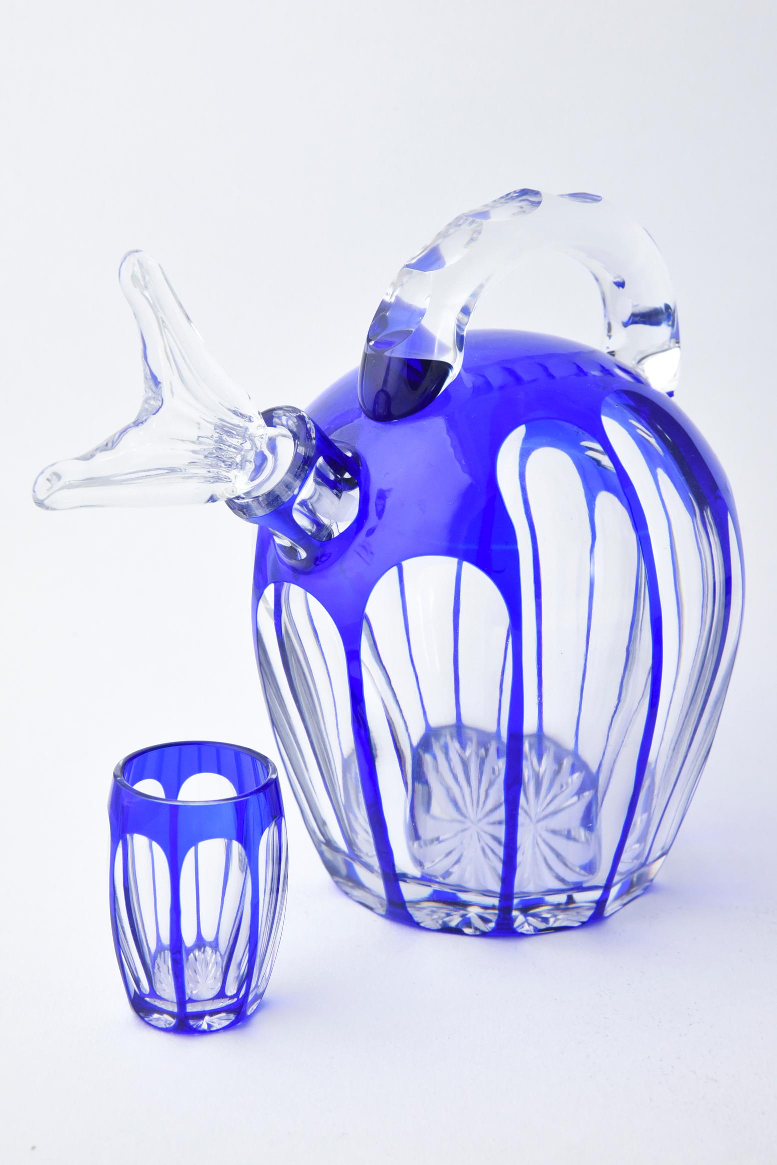 20th Century Blue Cut to Clear Art Glass Cordial Decanter Set with 2 Decanters and 6 Glasses For Sale