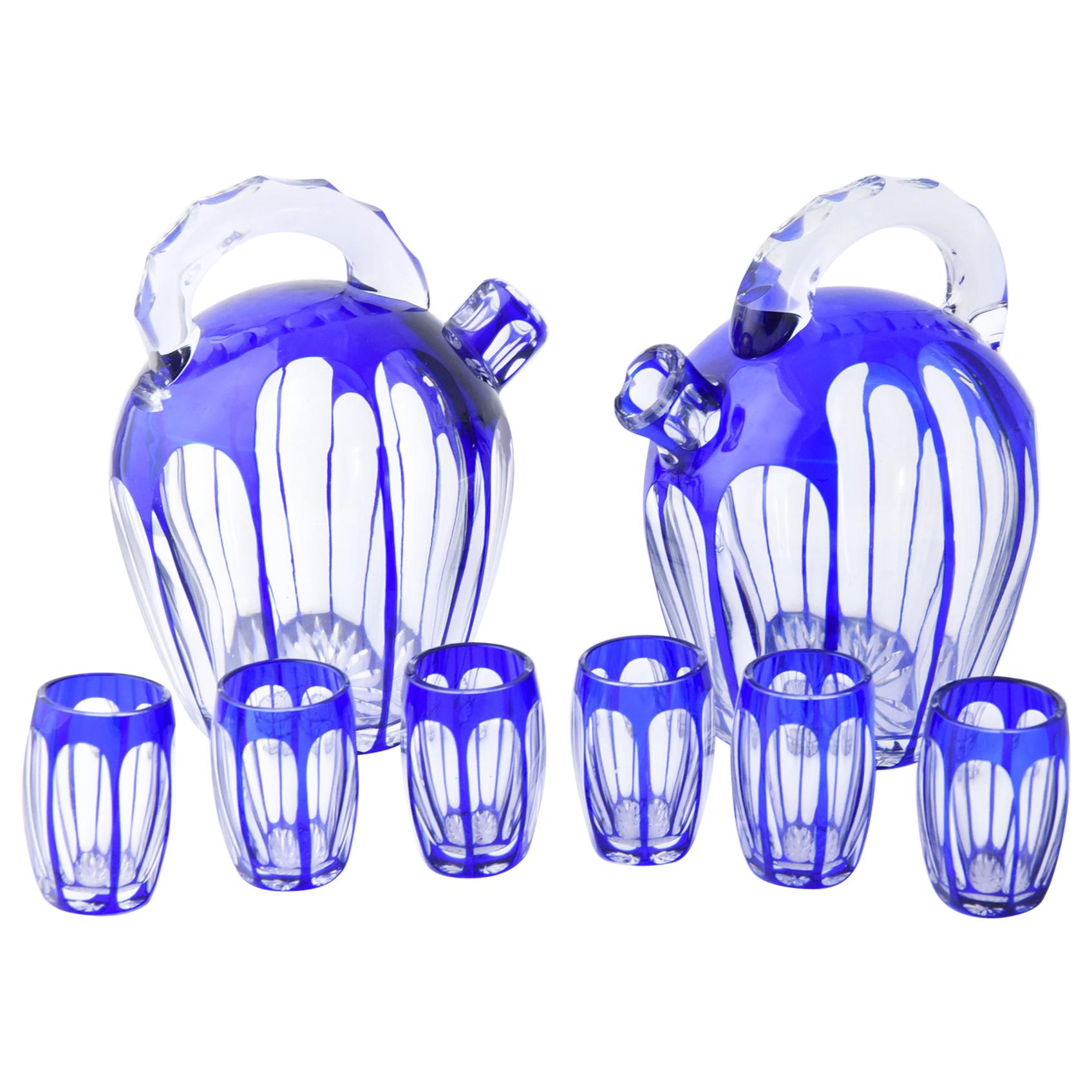 Blue Cut to Clear Art Glass Cordial Decanter Set with 2 Decanters and 6 Glasses