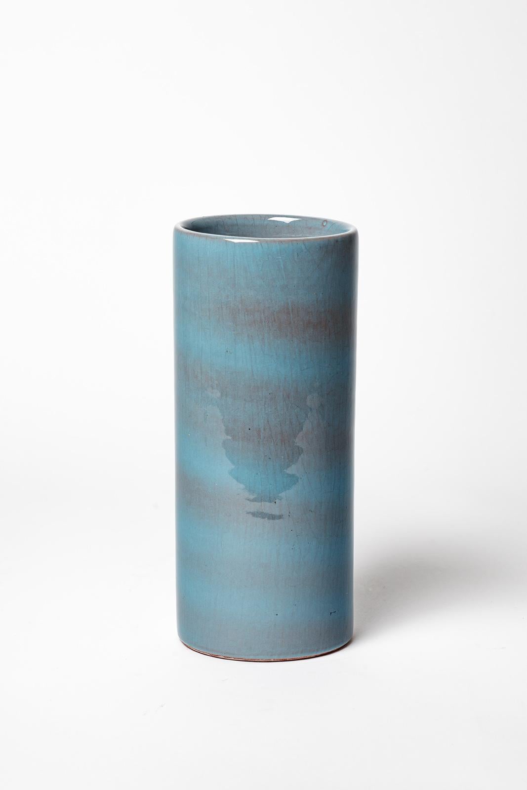 Mid-Century Modern Blue cylinder design ceramic vase by Antonio Lampecco 20th century form 1980 For Sale