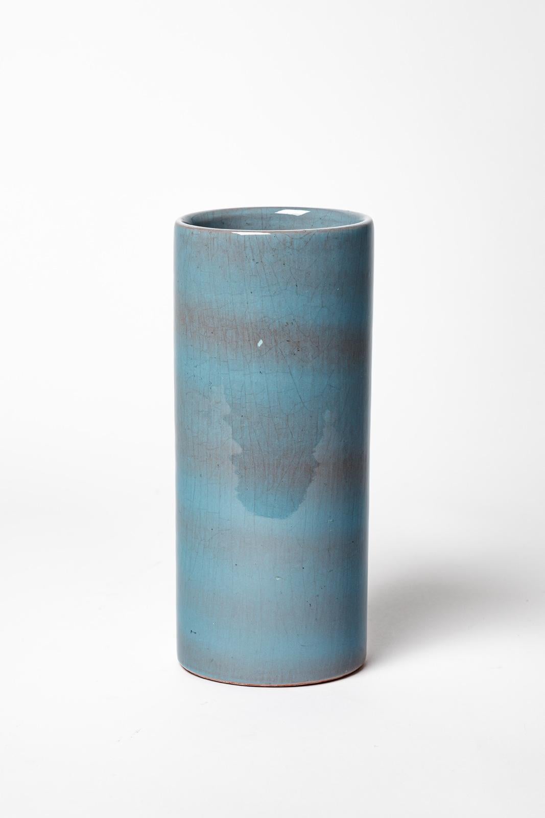 French Blue cylinder design ceramic vase by Antonio Lampecco 20th century form 1980 For Sale