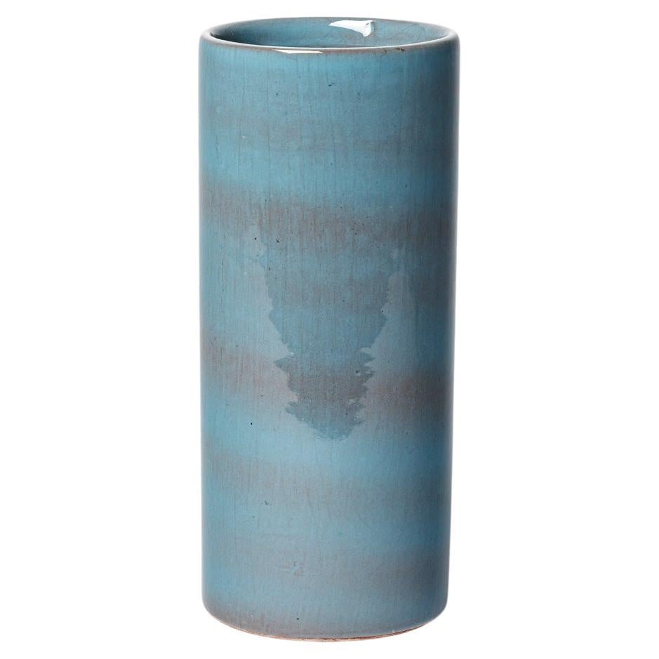 Blue cylinder design ceramic vase by Antonio Lampecco 20th century form 1980 For Sale