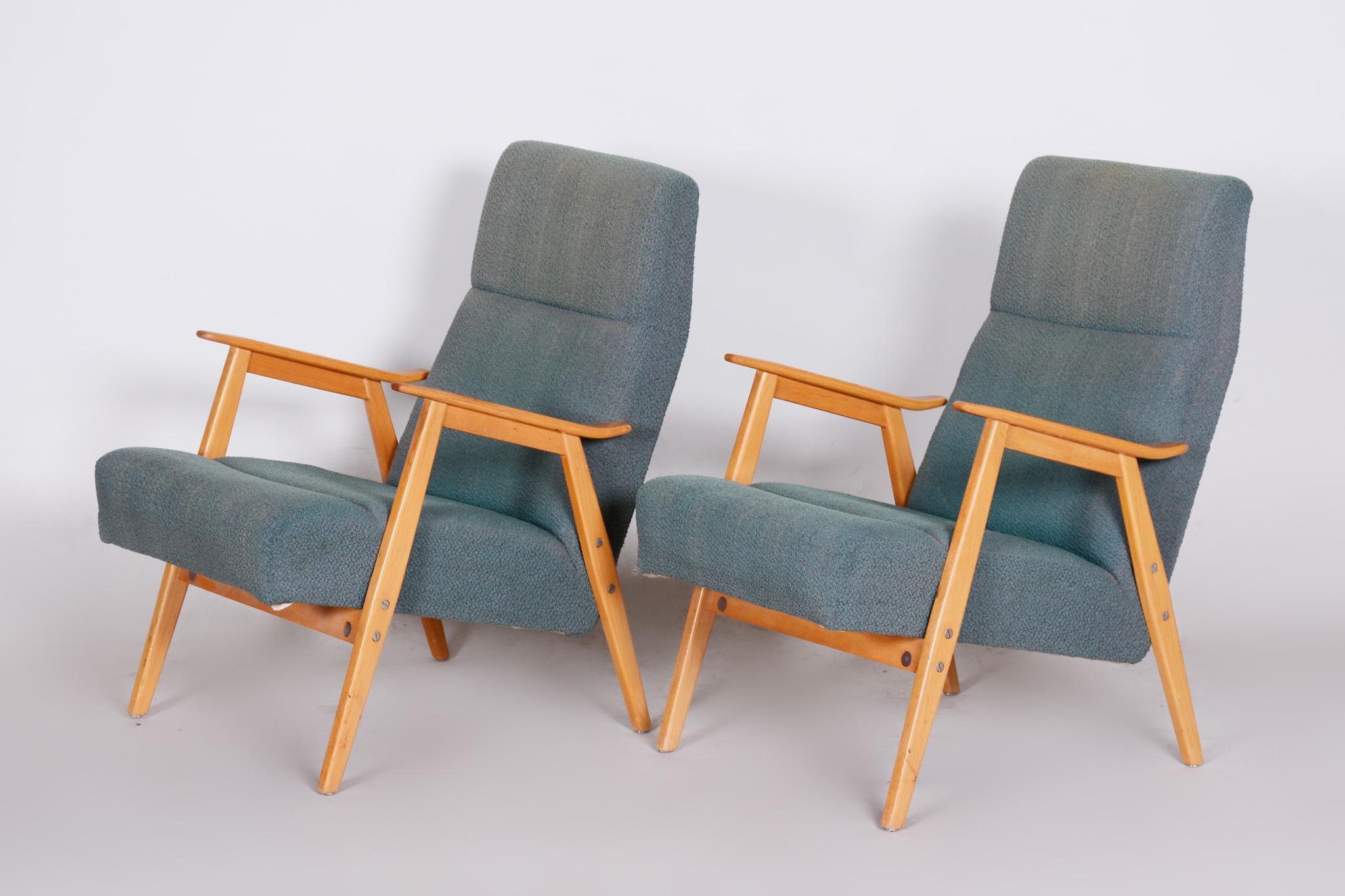 Blue Czech Beech Armchairs 1960s, Original Well Preserved Condition In Good Condition In Horomerice, CZ