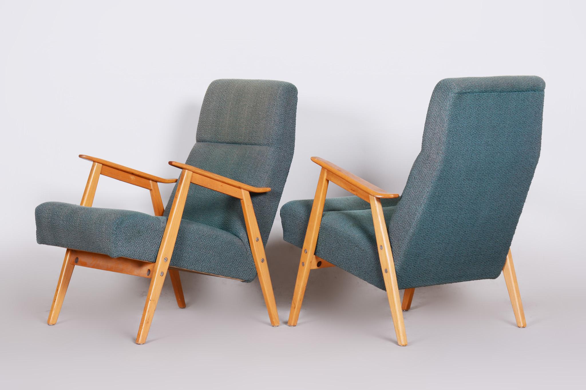 Blue Czech Beech Armchairs 1960s, Original Well Preserved Condition 1